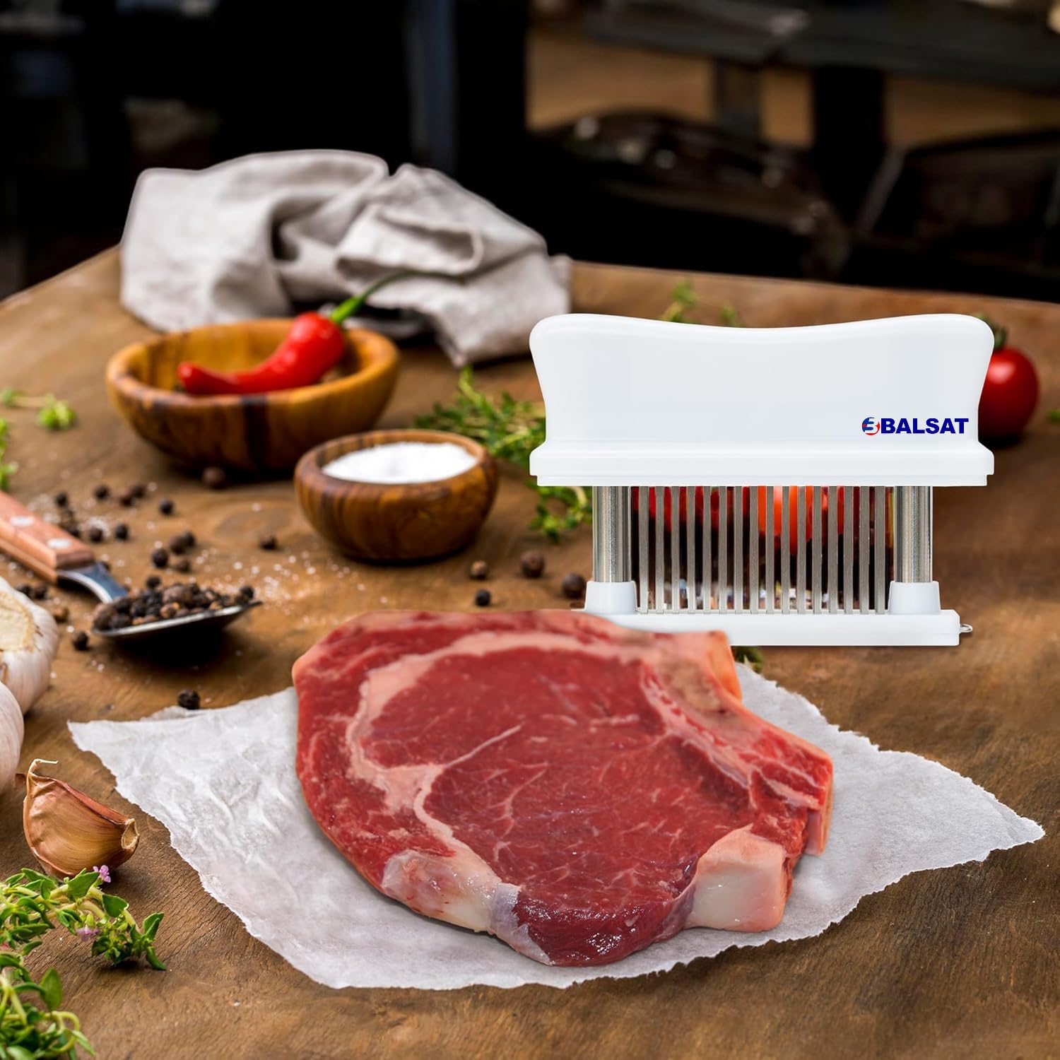 BALSAT | Enternecedor de Carnes, Pescados y Aves | Mazo Ablandador | Acero Inoxidable, Plástico Antigolpes, Fácil de Limpiar | Acabado Profesional