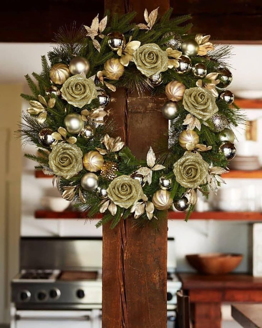 Gold Glitter Roses 30PCS 3.15" Artificial Roses with Stems for DIY Wreath Wedding Christmas Home Party Decor - Image 4