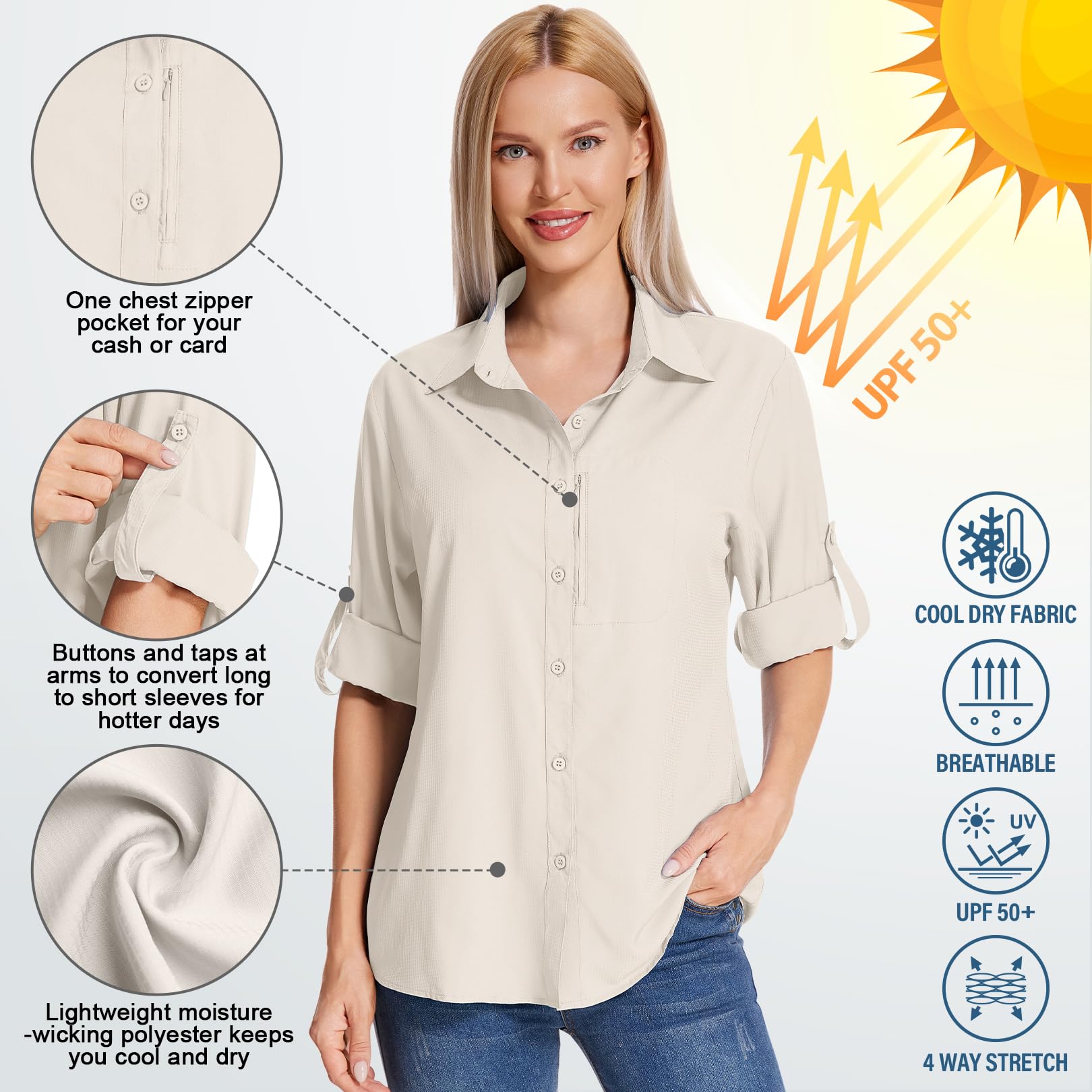 Camisas de senderismo con protección solar para mujer, de manga larga, ligeras, de secado rápido, ropa de safari para viajes, pesca, camisa cargo