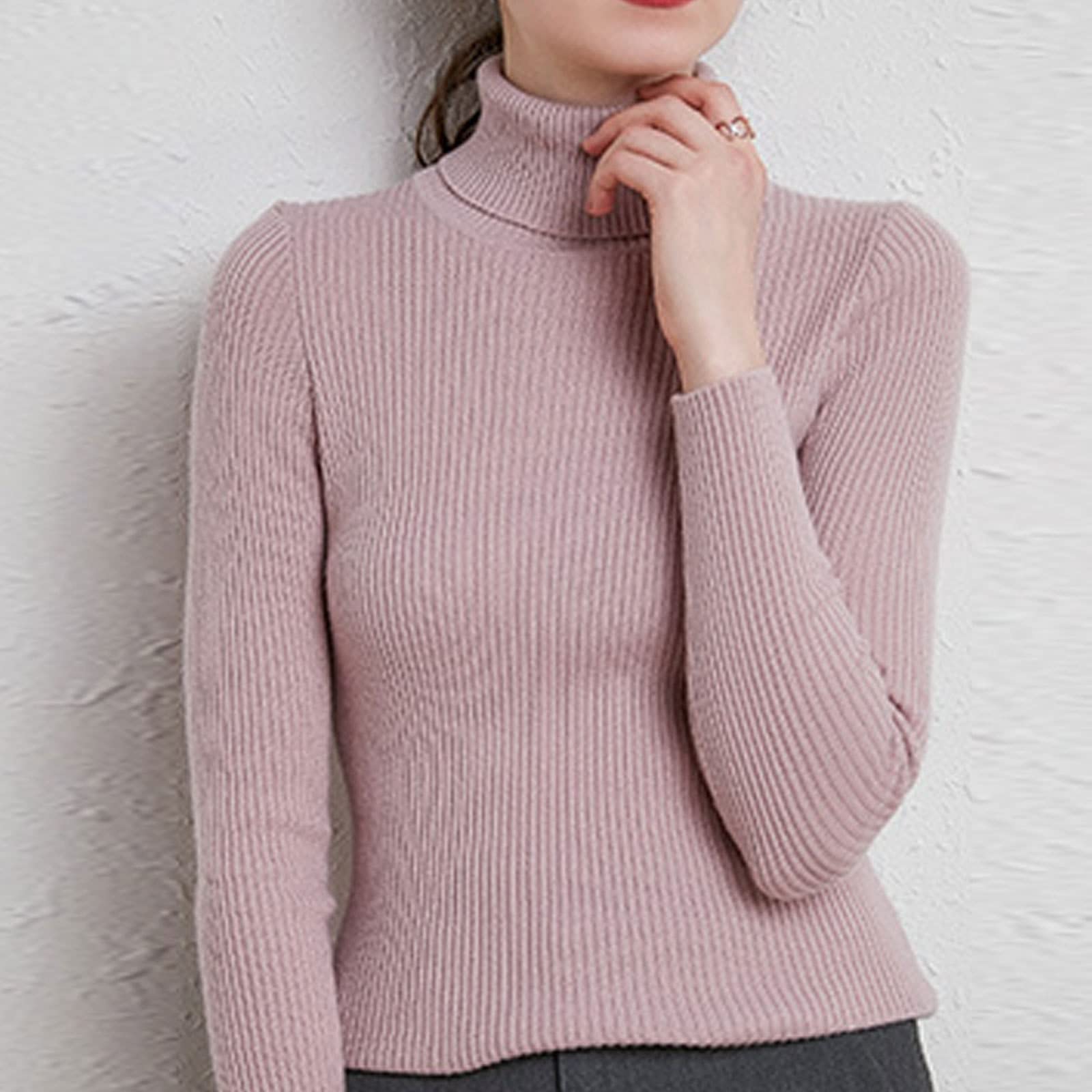 EMDPBD Damski sweter golf, dzianinowy sweter z długim rękawem ciepły sweter na co dzień ciepły dzianinowy sweter topy, różowo-szary-XXL