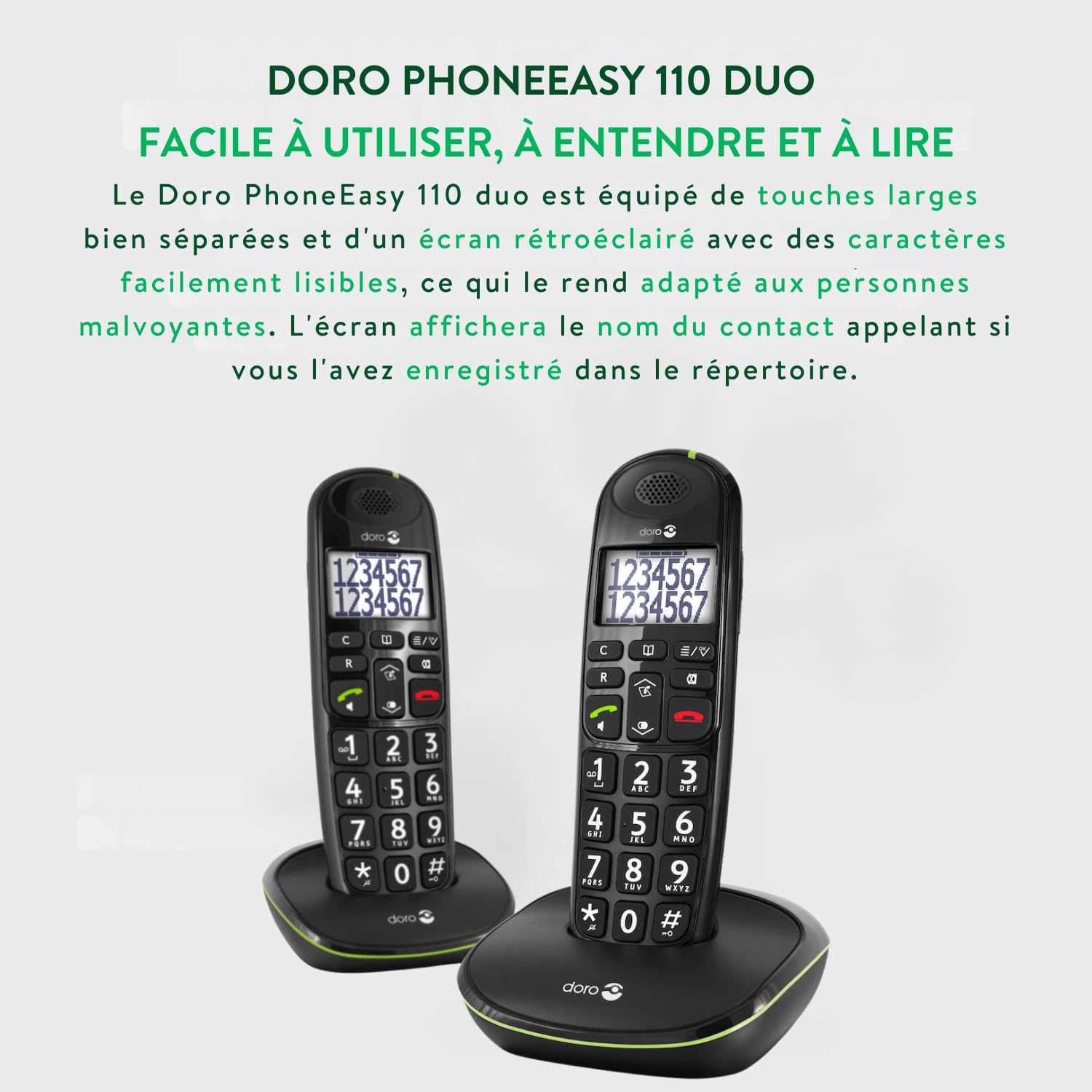 Doro PhoneEasy 110 Téléphone sans Fil DECT pour Seniors avec Touches Grandes Parlantes, Fonction Intercom/Appel Interne et Audio Amplifié (Noir X 2) [Version Française]