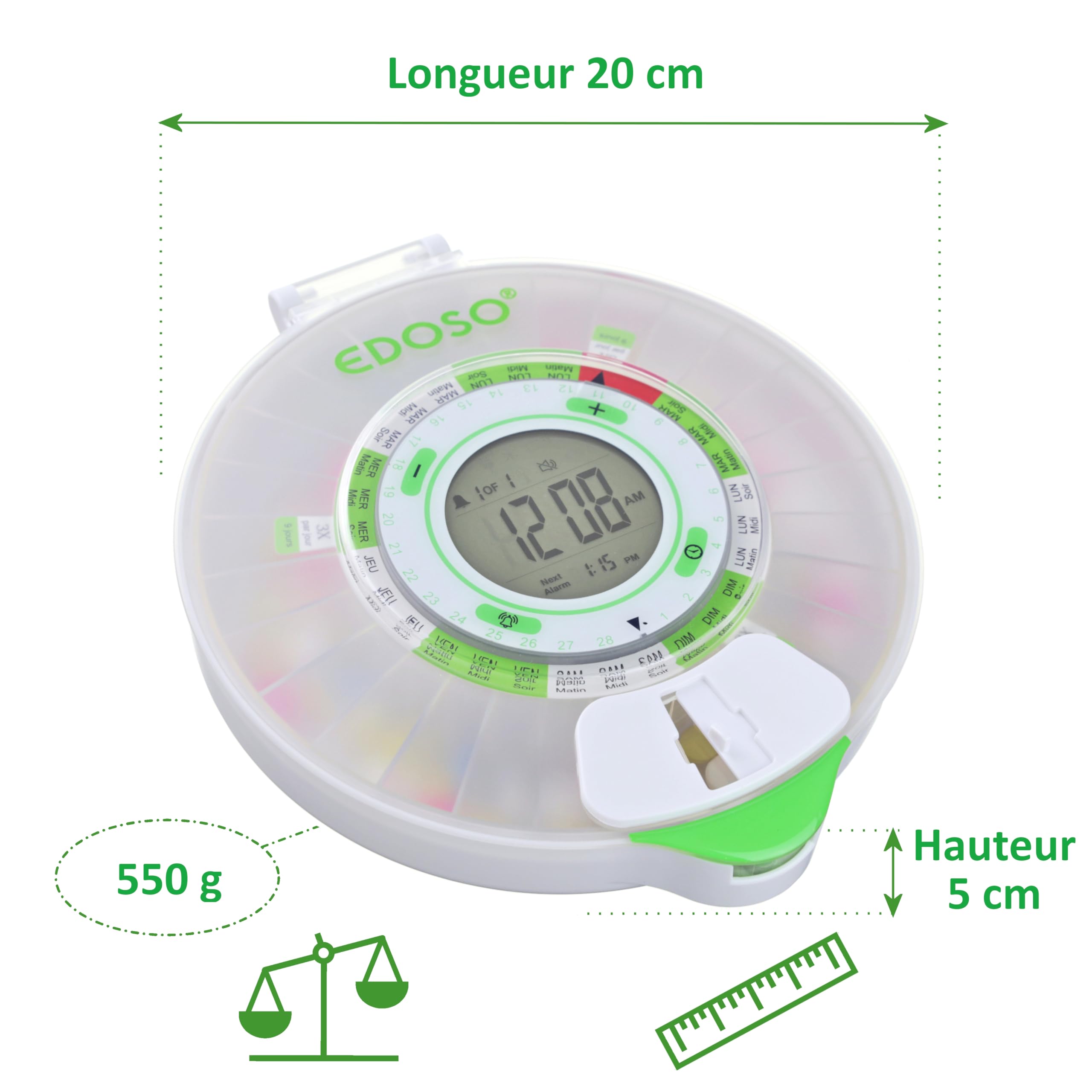 Pilulier électronique intelligent automatique avec alarme | Modèle 2021 | 9 alarmes par jour | Grand écran et boutons | Anneaux français | 2 fermetures sécurisées (Mat)