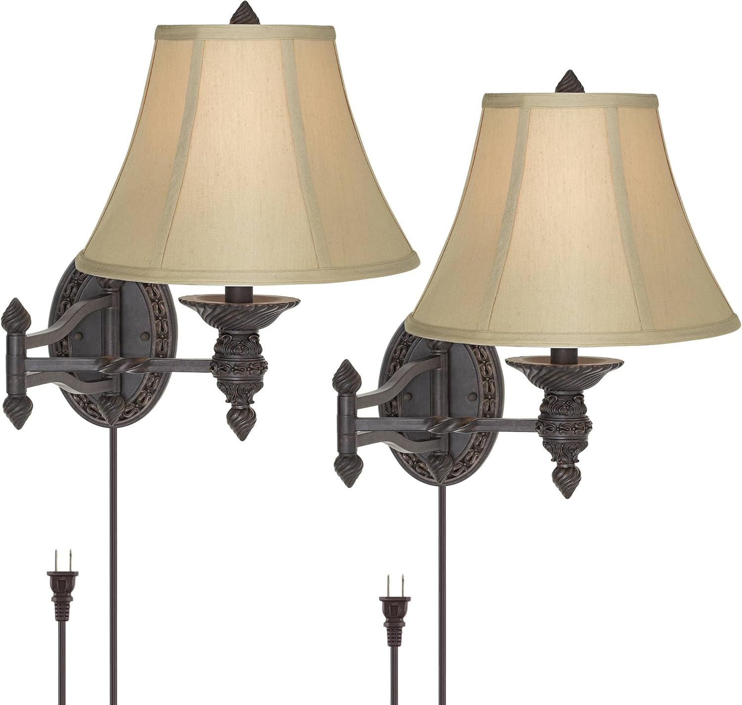 Barnes and Ivy Godia Vintage Rustic Swing Arm Wall Lamps Set of 2 Bronze Brown Metal Plug-in Light Fixture Beige Softback Fabric Bell Shade for Bedroom Bedside Living Room Reading House Home