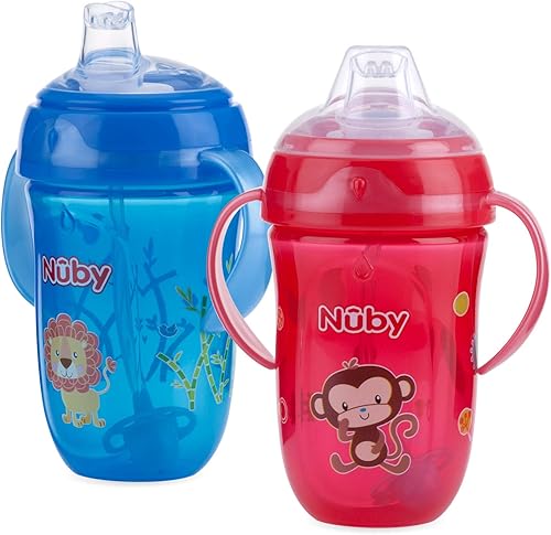 Nuby Paquete de 2 vasos 360 con 2 asas, 9 onzas, sin BPA, león azul y mono rojo