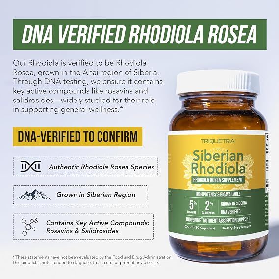 Max Strength Siberian Rhodiola: Rhodiola Rosea 5% Rosavins, 2% Salidroside & BioPerine for Enhanced Absorption Helps Support Stress, Energy & Focus* Grown in Siberia, DNA Verified (60 Capsules)