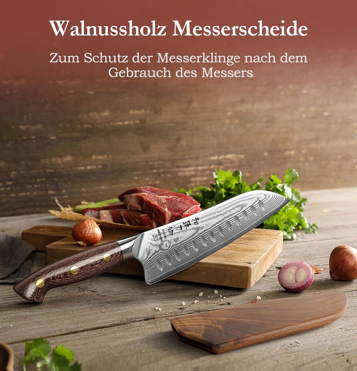 HEZHEN Santokumesser im Japanischen Stil，Echter Damaststahl Kochmesser mit Holzmesserscheide, Chinesisch VG10 Gyuto Messer, Full Tang Griff aus Micarta