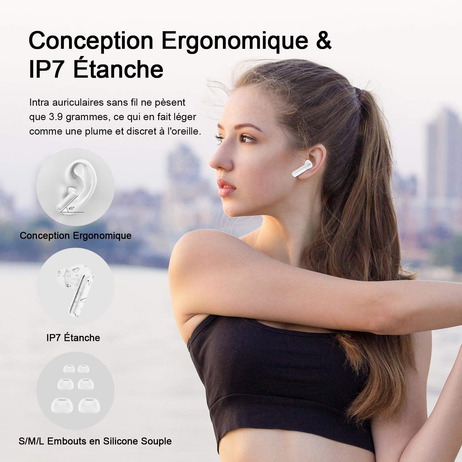 Ecouteurs Bluetooth Sans Fil, Écouteur Sans Fil avec 4 ENC Réduction de Bruit Mic, Oreillette Bluetooth 5.3 HiFi Son Stéréo, 40H Récréation, Écran LED, IP7 Étanche Sport Casque pour iOS Android, Blanc