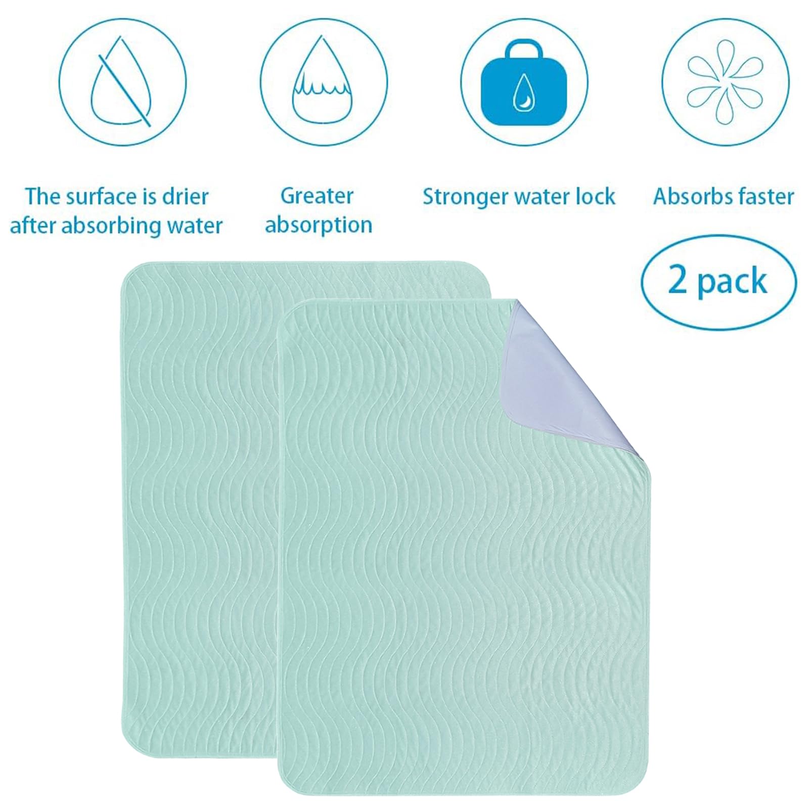 Almohadillas de cama absorbentes para incontinencia, lavables, reutilizables, protectores de colchón impermeables de 4 capas (36 x 52 pulgadas, paquete de 2)