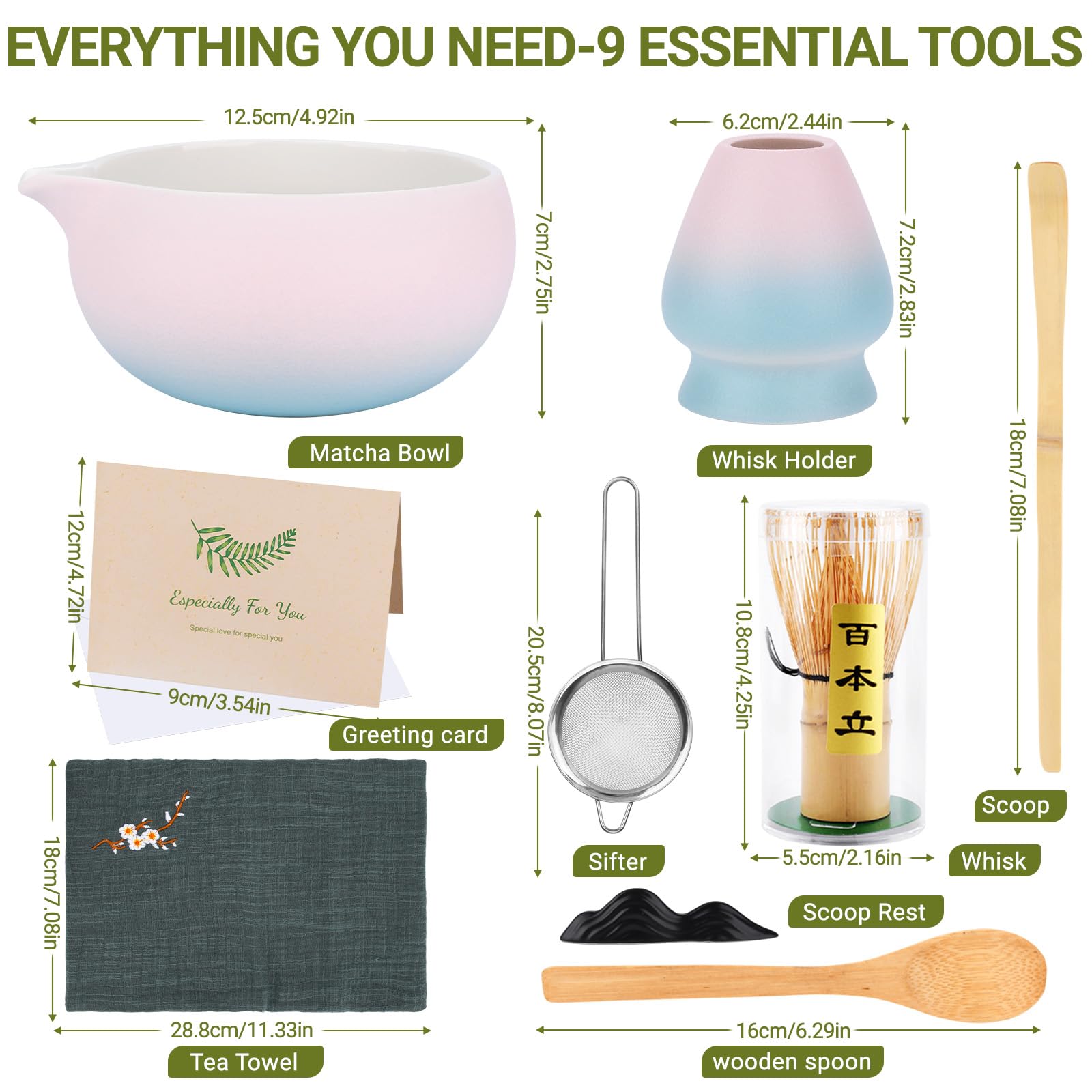 9 Pièces Matcha Kit Avec Dégradé De Couleur,comprenant Bol De