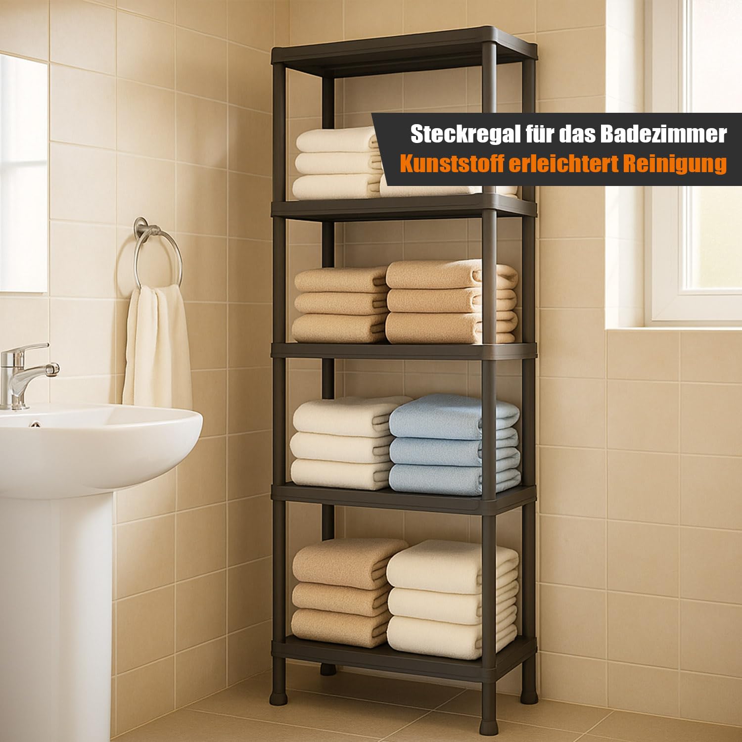 2er-Set Steckregal Kunststoff Keller Regal für Abstellraum & Vorratsregal Küche 176cm Hoch Kunststoffregal zum Stecken 5 Böden Kellerregal Schmal in Schwarz (2, 5 Böden)