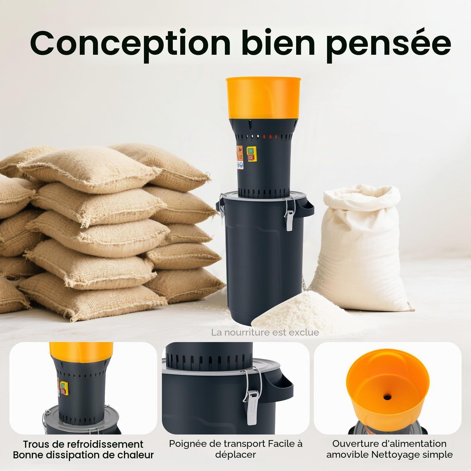 Broyeur de céréales électrique 1000 W, 25 l, broyeur de blé et de riz, broyeur électrique professionnel pour tous les types de céréales