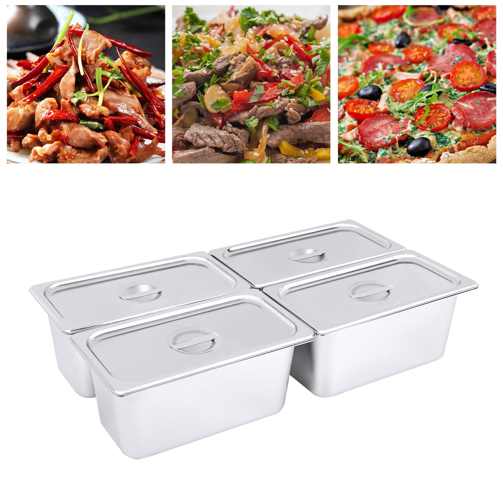 Contenitore per gastronomia in acciaio inox, 4 x 1/3 GastroNorm con coperchio, 6", profondo, per alimenti, torte, hotel, tavolo
