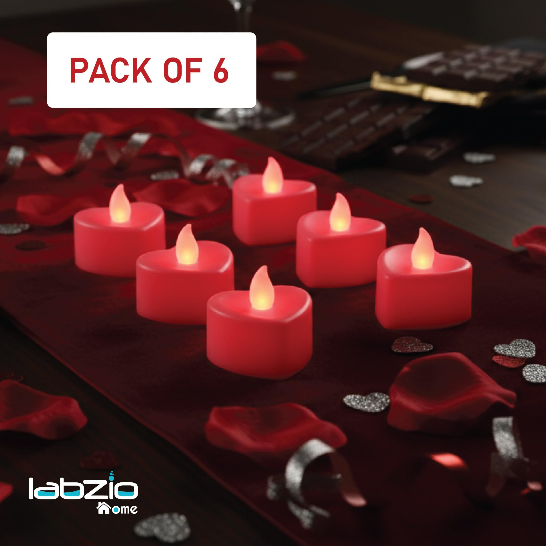 LABZIO Flameless LED Tea Light Candles | Decorative Flickering Diya Lights for Diwali, Wedding & Home Décor | Plastic Body (Red LED Heart Shape Flameless Tea Light, Pack of 6) 2