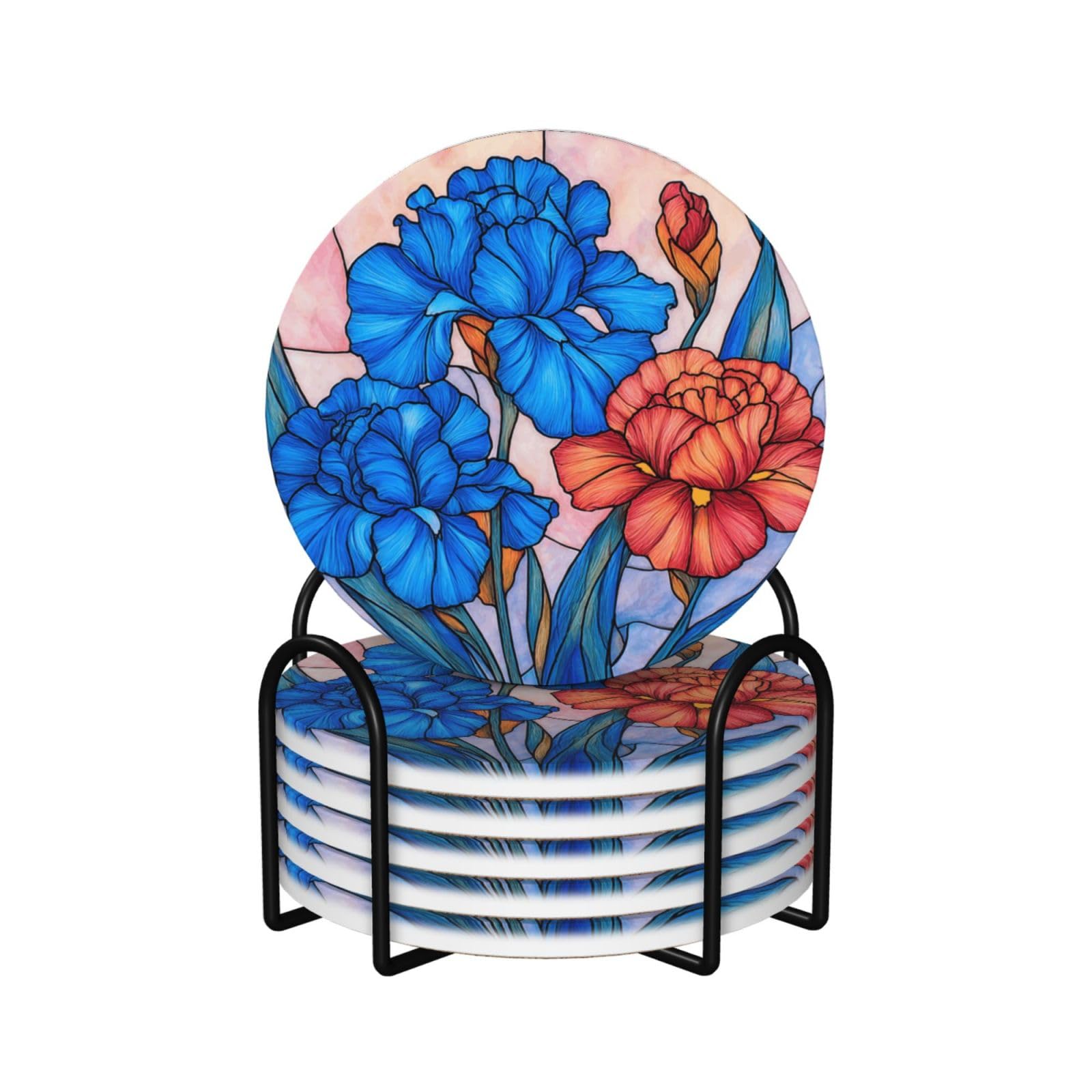 Stained Glass Blue Red Flowers Ceramic Coasters with Holder 6ps