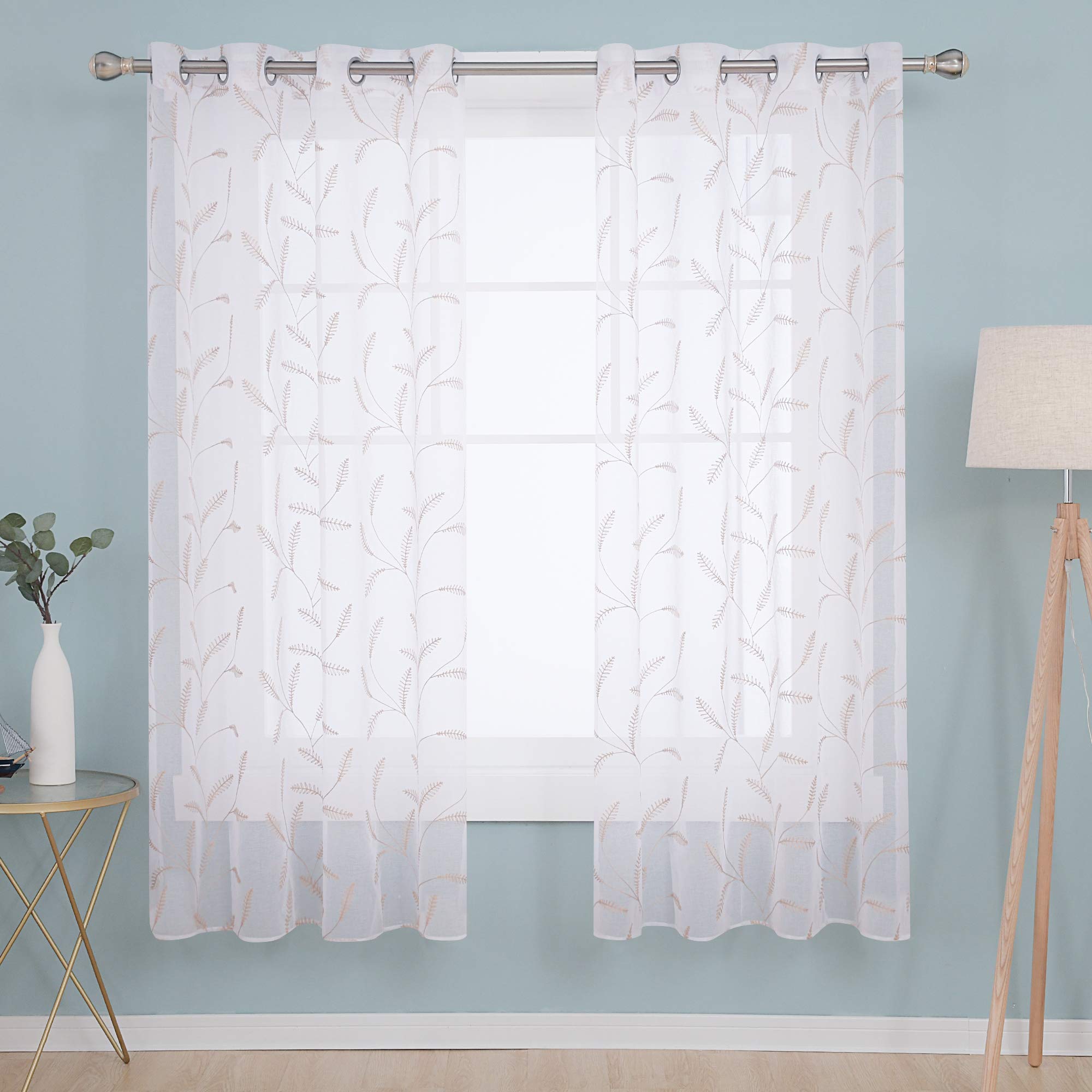 Deconovo Dedanlion Floral Embroidered Voile Curtains Eyelets Linen Look Sheer Curtains Home Decorative Net Curtains for Kitchen 55 x 90 Inch Linen One Pair