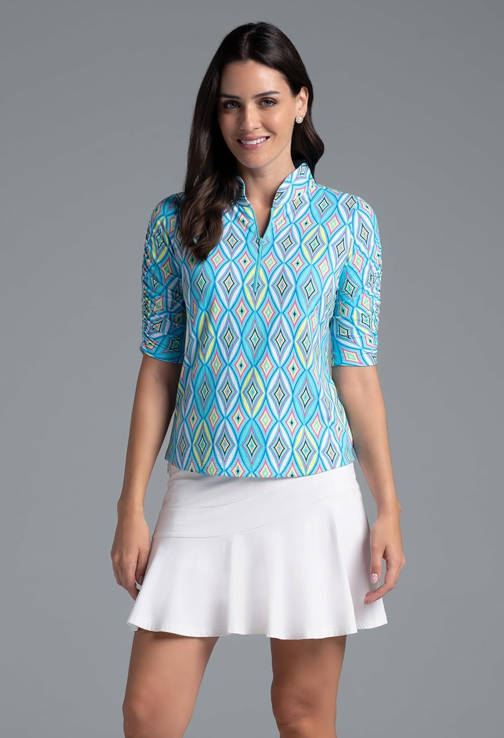 IBKUL Athleisure Wear Sun Protective UPF 50+ Icefil Cooling Romina Print Ruched Elbow Sleeve Top - 41931