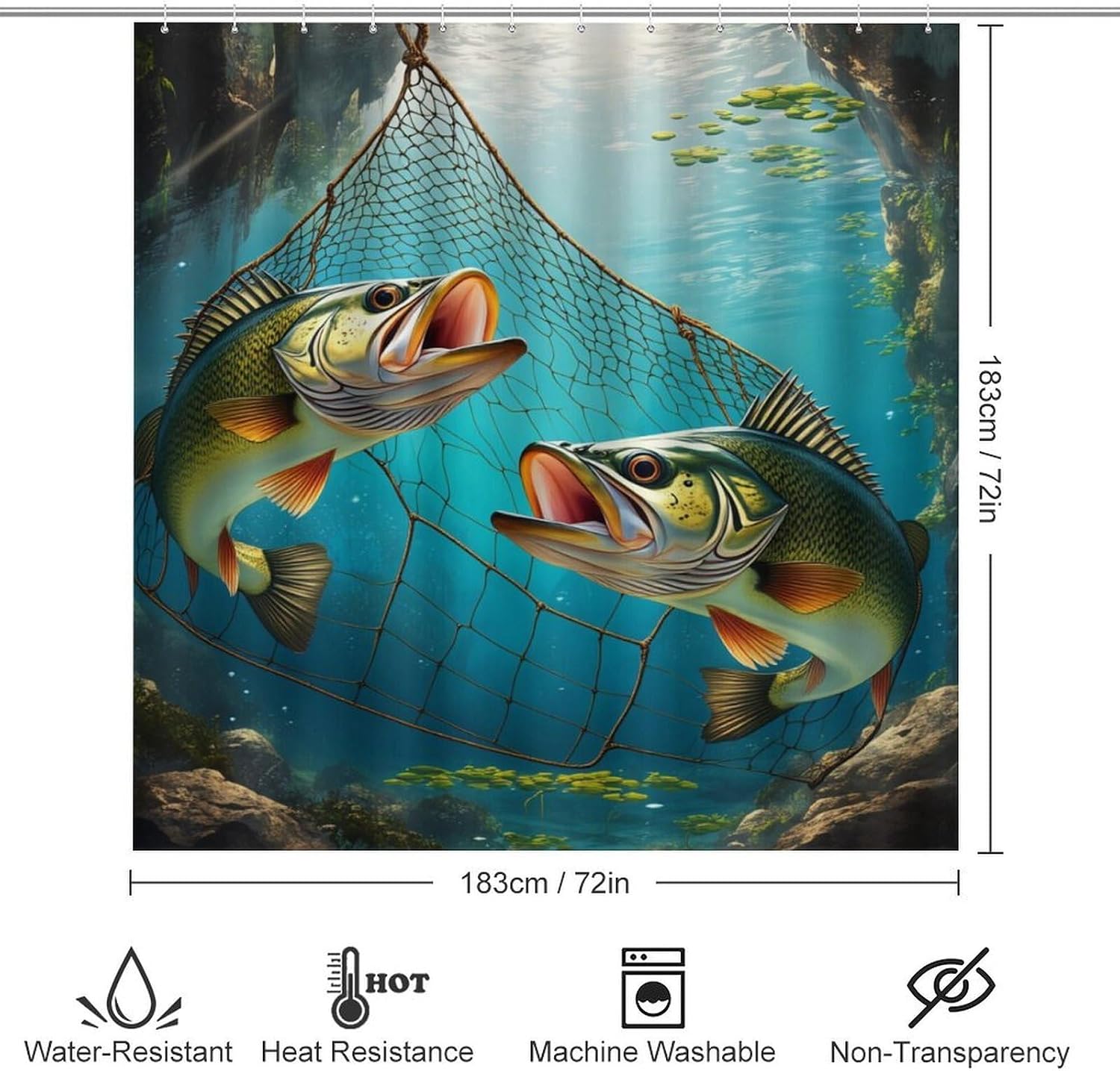 4Pcs Fantasy Fish Bass Net Water Rock Shower Curtain 72W X 72L, Toilet Lid Cover Non-Slip Rugs and U-Shaped Mat, Mystical Lily Pad Blue Bathroom Decor Set with 12 Hooks