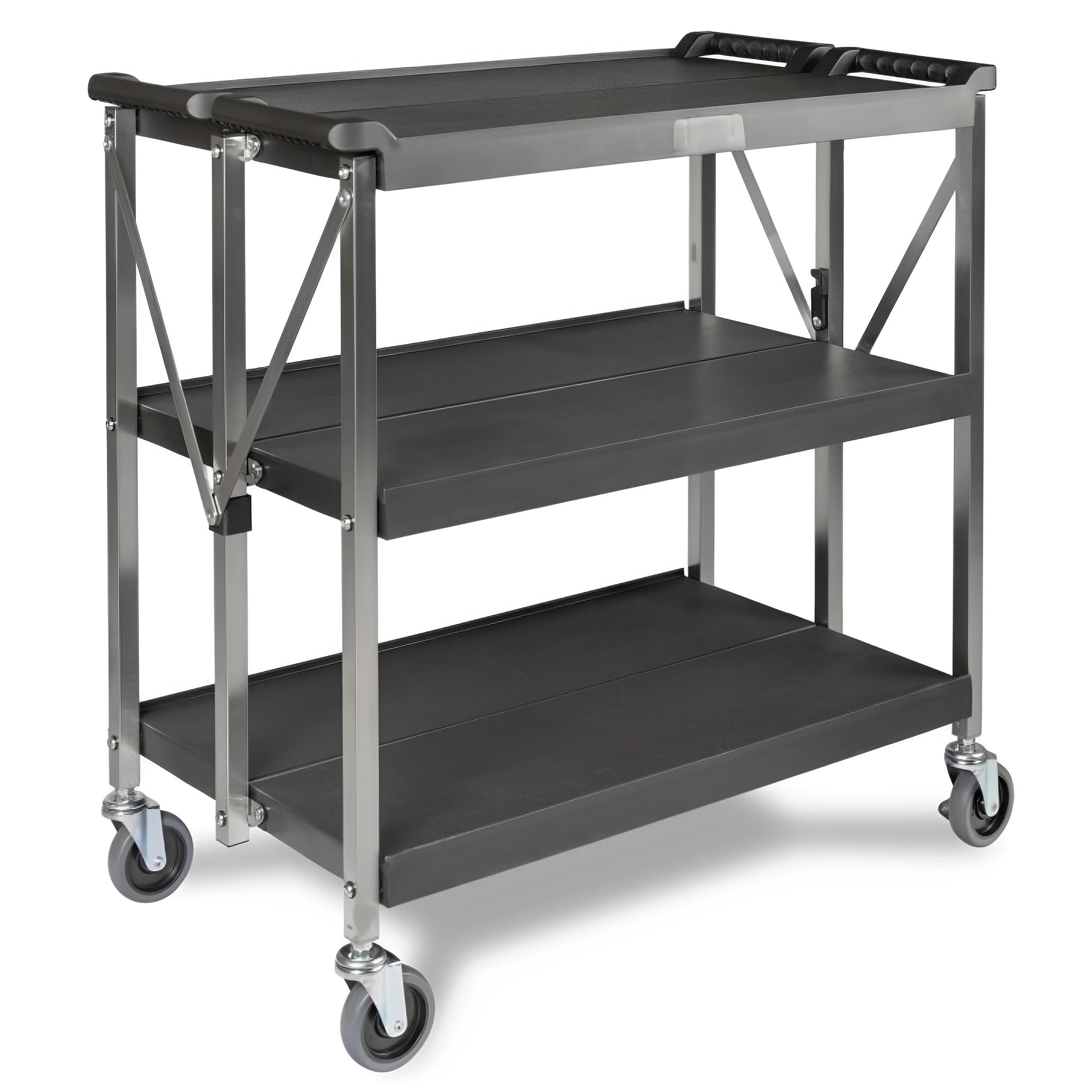 MBH Carrello di servizio pieghevole professionale inox con 3 ripiani per alberghiera. Carrello di trasporto industriale in acciaio inox per bar e ristorante
