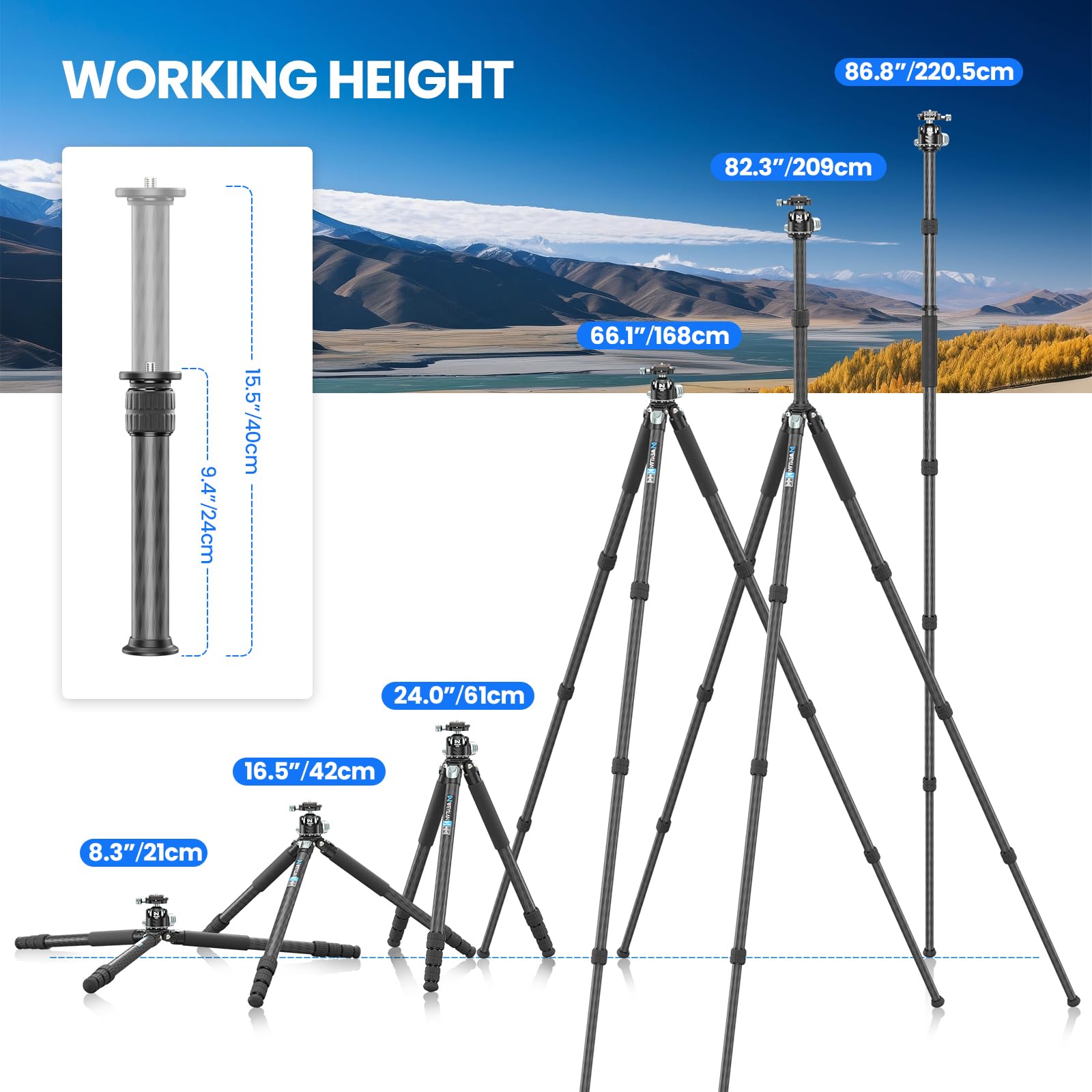 Treppiede in fibra di carbonio da 203,5 cm per fotocamera WEYLLAN resistente, tubo in fibra di carbonio a 10 strati, gamba professionale da 32,5 mm con testa a sfera per treppiede DSLR per obiettivo