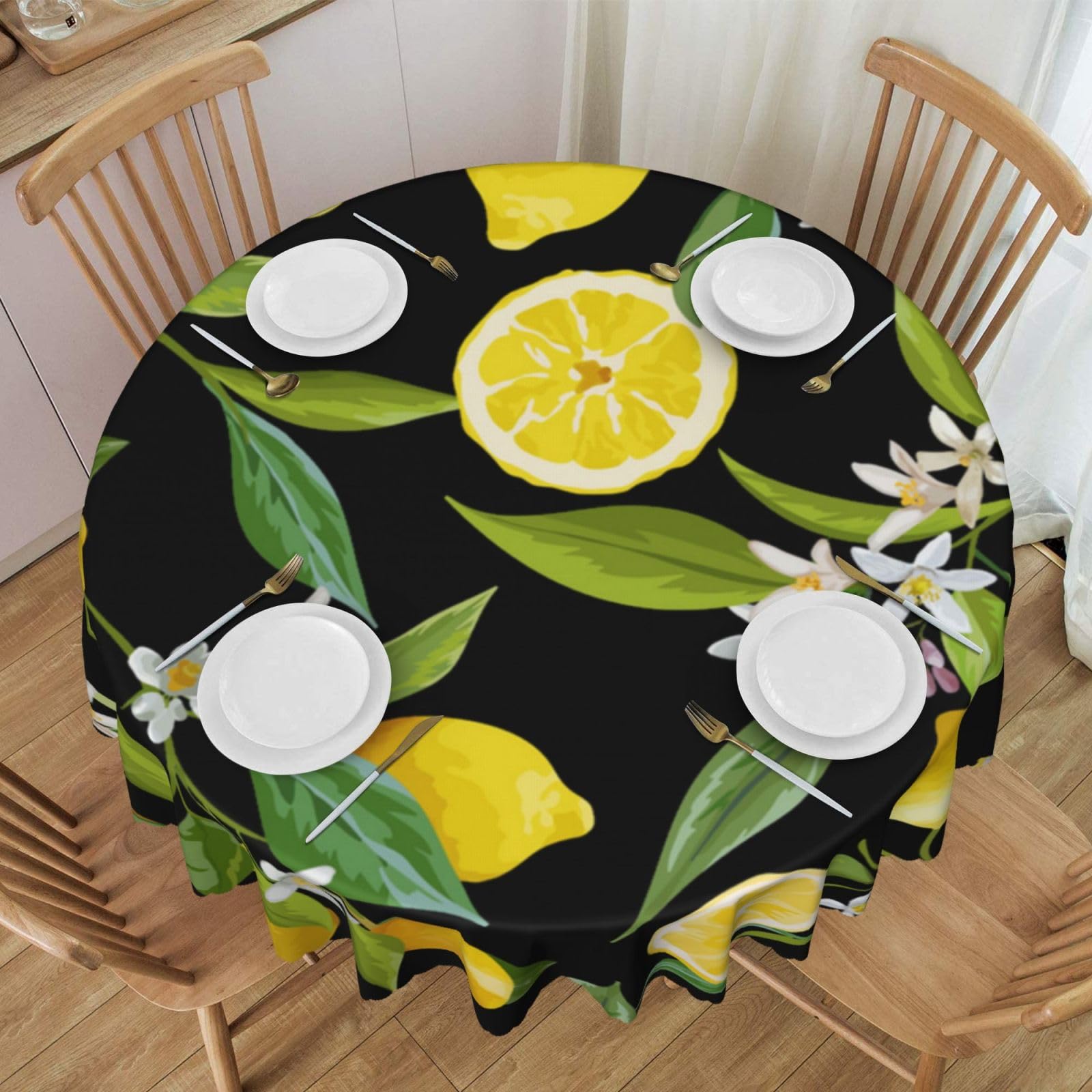 DCEHGEW 60 In Round Tablecloth with Lace, Yellow Lemon Printed Oilproof & Washable Fabric Picnic Table Cloth Table Covers