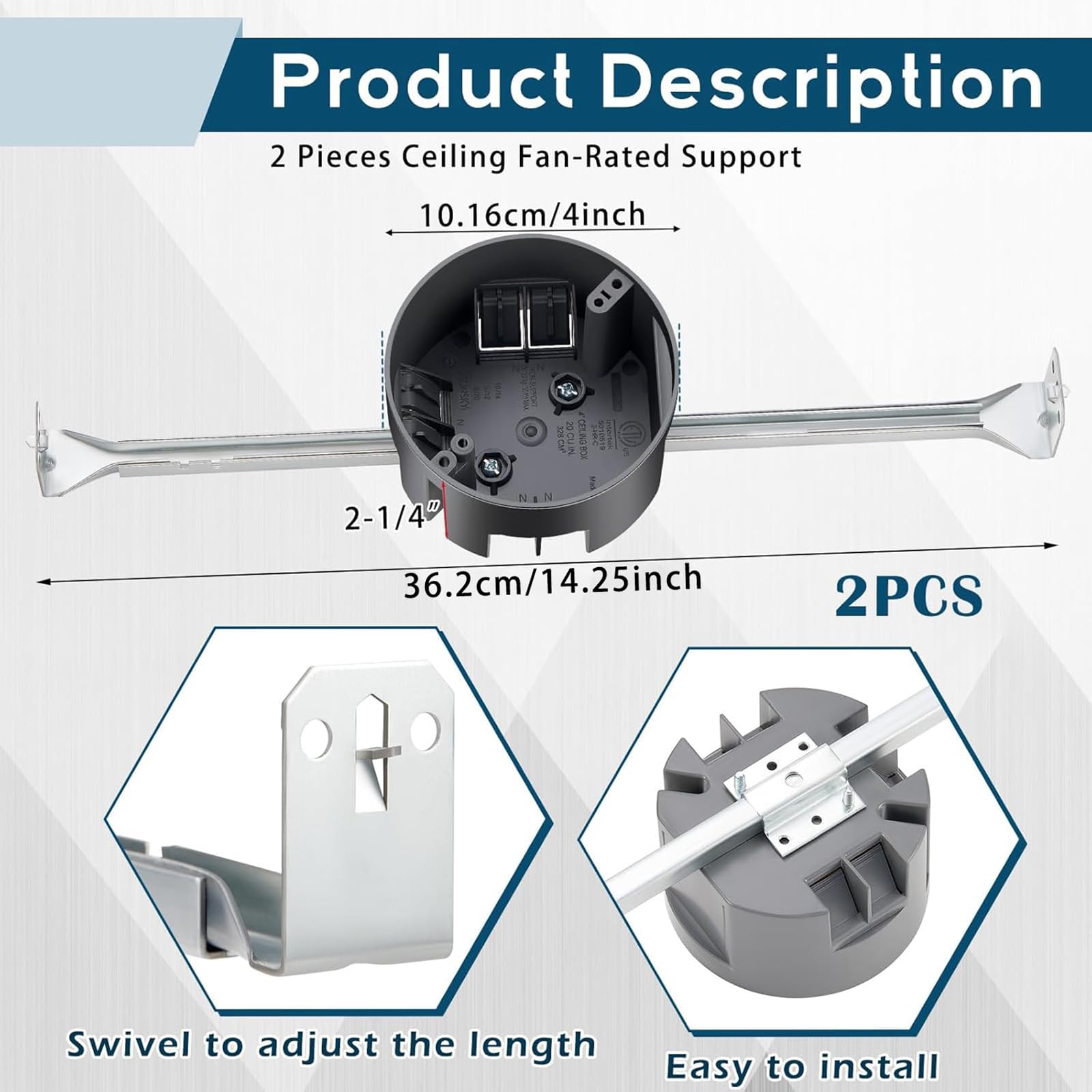 Therwen 2 Pcs Ceiling Fan Brace Electrical Box 14.25 to 22.5 Inch Adjustable Electrical Box and Support Bar Fan Mounting Bracket for Summer Light Fixtures Installations (Gray)