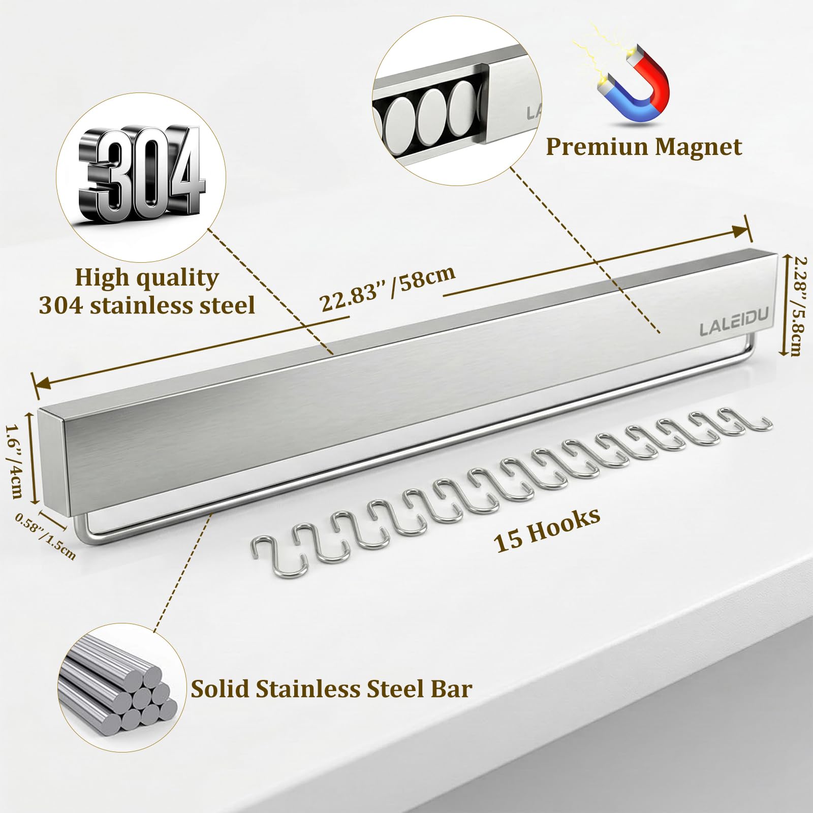 23 Zoll Magnet Messerhalter für Wand - Magnetische Messerleiste mit Starke Magnete, Edelstahl Magnet Messerleiste mit 15 Haken/Klebeband/Schrauben, Wandmontage Messeraufbewahrung für Küche