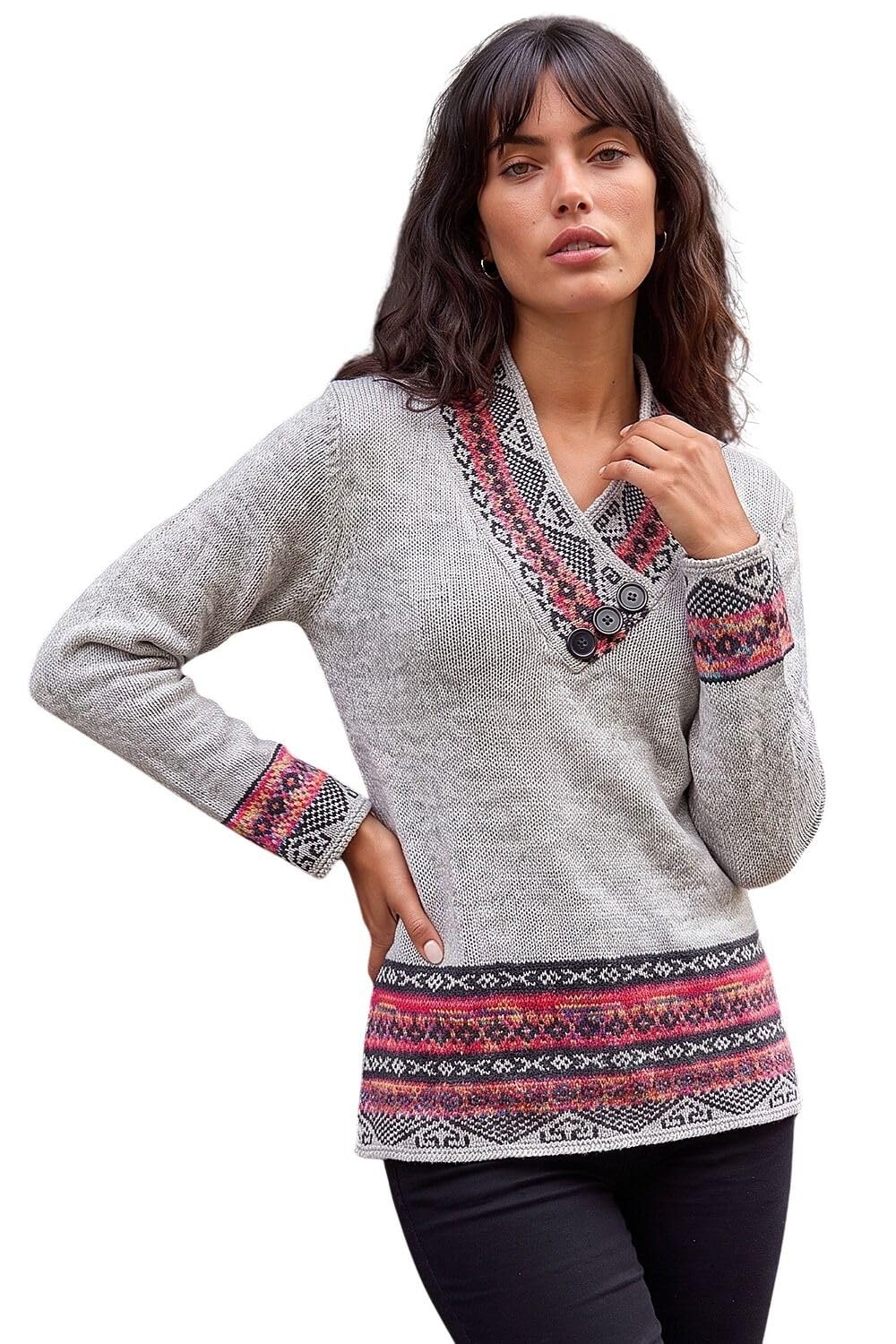 Roman Originals Women's Grey Roman Jumper For Uk - Button Detail Embellished Tunic Sweater V-Neck Overlap Autumn Winter Smart Office Work Wear Casual Warm Cosy Pullover Day - Size 14