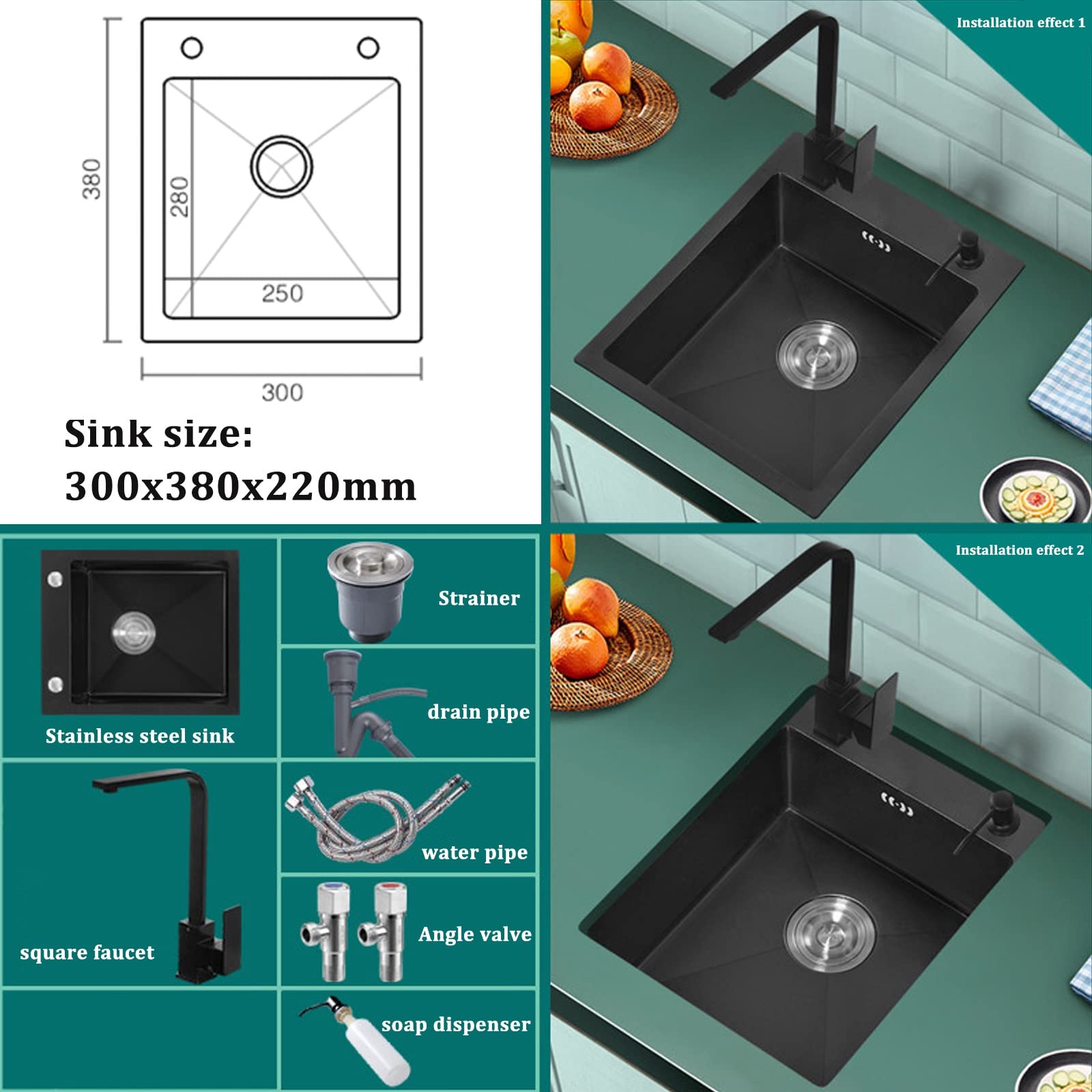 Schwarze Edelstahlspüle Mini-Spüle Für Bartheke Apartment-Spüle Mit Wasserhahn Kleine Kaffee-Eckspüle Inklusive Zubehör (S : 30x38x22cm)