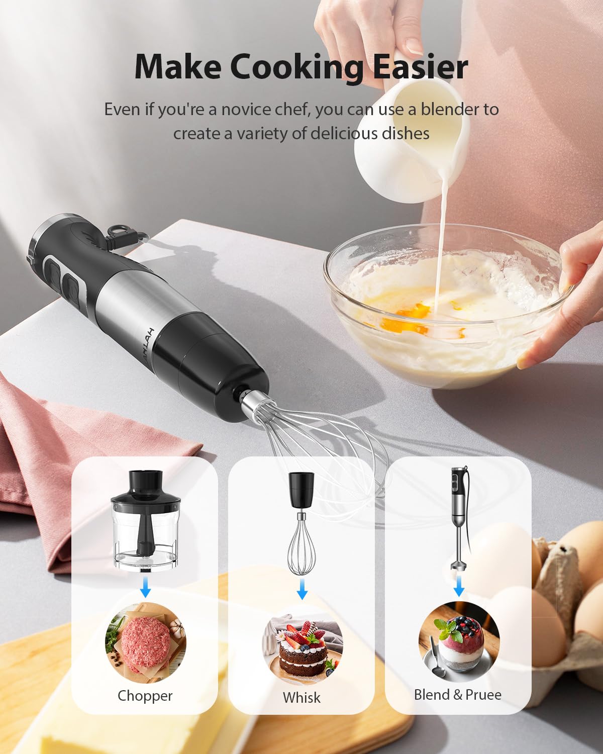 Potente batidora de inmersión de 1000 W, batidora de mano con motor de cobre de 25 velocidades y resistente, batidora de mano 4 en 1 con picador, batidor, vaso de precipitados y varita, color plateado 4