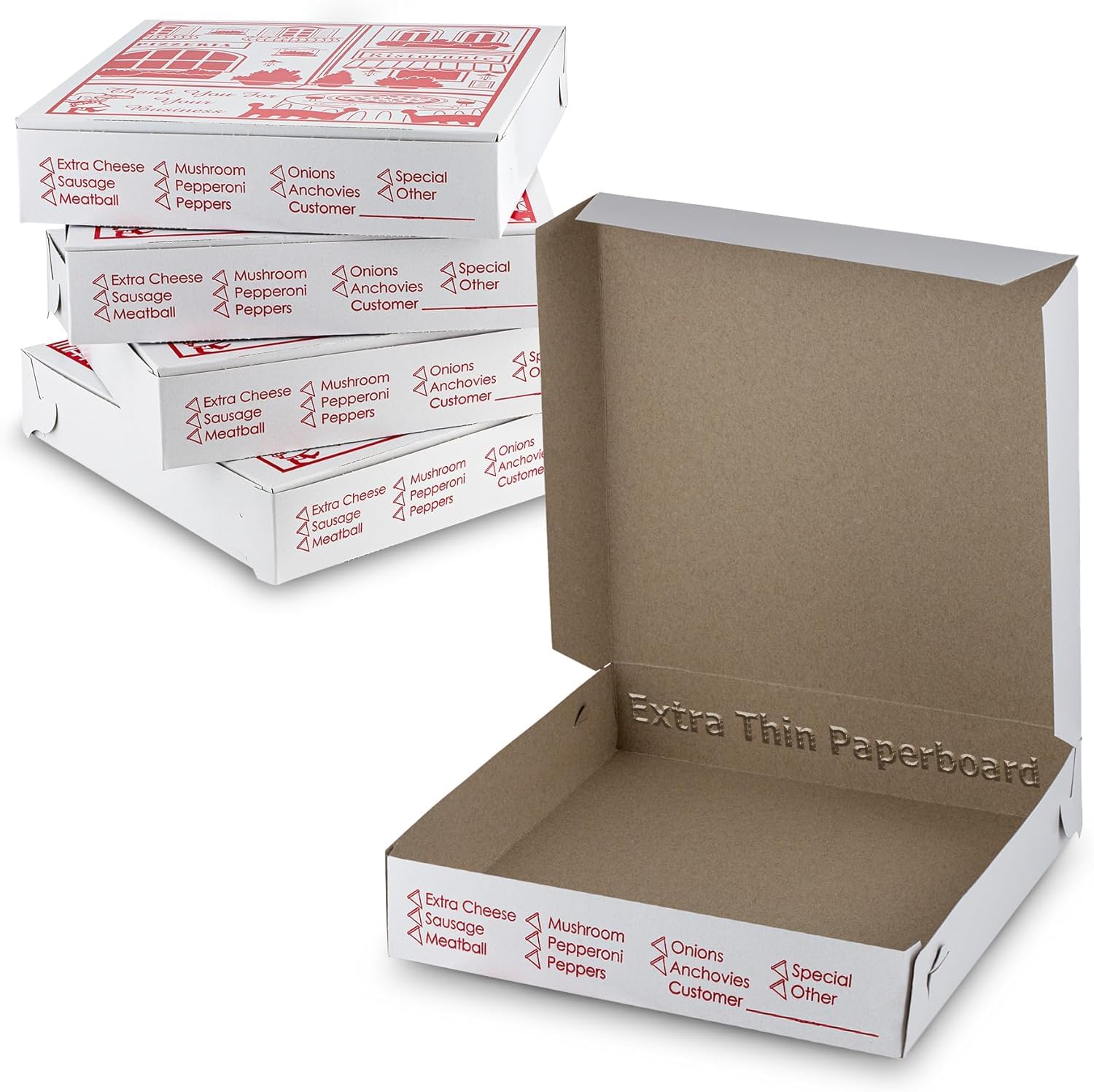 MT Products White-Red Pizza Box 12" x 12" x 2" - Extra Thin Pizza Boxes with Design (Pack of 10) - Made in the USA