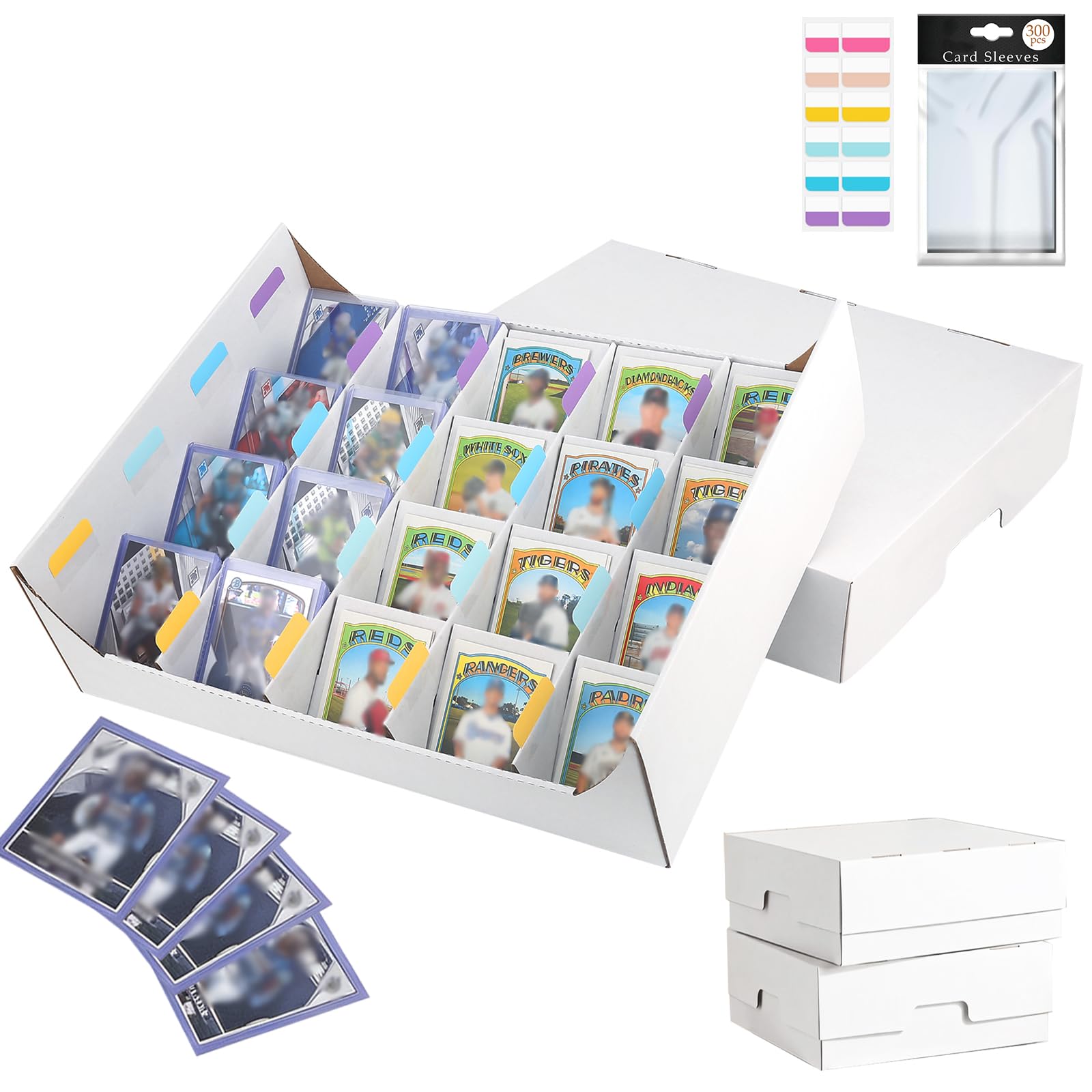 3-reihige Sammelkarten-Aufbewahrungsbox – hält 2400 Karten, passend für Toploader & magnetische Hüllen, inklusive 150 Hüllen, 24 Trennwänden & 9 Stützen – Sportkarten-Organizer