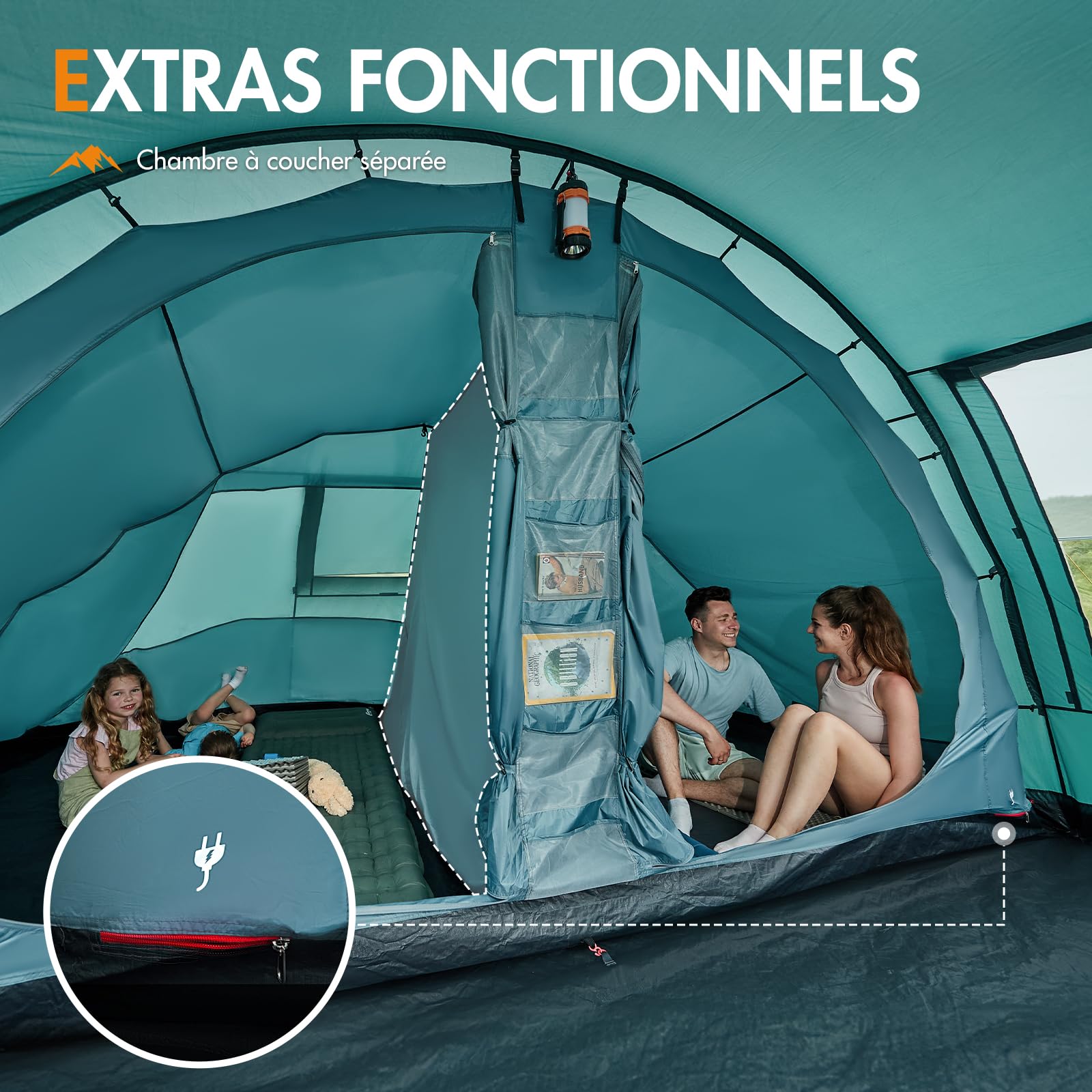 Portal tente tunnel étanche 3000 mm pour 6 personnes - 2 cabines de couchage - Haute - Auvent - Bac de sol - XXL