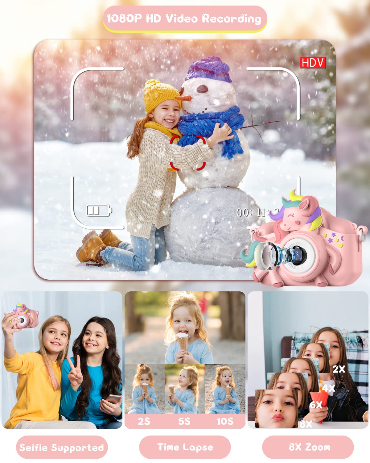 Macchina Fotografica Bambini, Gofunly 2.0 Pollici Schermo Mini Ricaricabile Fotocamera Digitale Bambina, 1080P HD Videocamera Regalo Giocattolo di Natale &Compleanno per Ragazze 3-12 Anni, Scheda 32GB