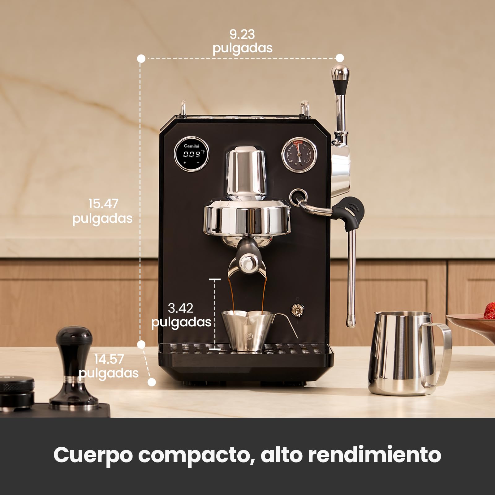 Gemillai Owl G3006, cafetera espresso doméstica, cabezal de grupo comercial de 58 mm y control de temperatura PID, cafetera de acero inoxidable para latte art de calidad barista, expositor, negro