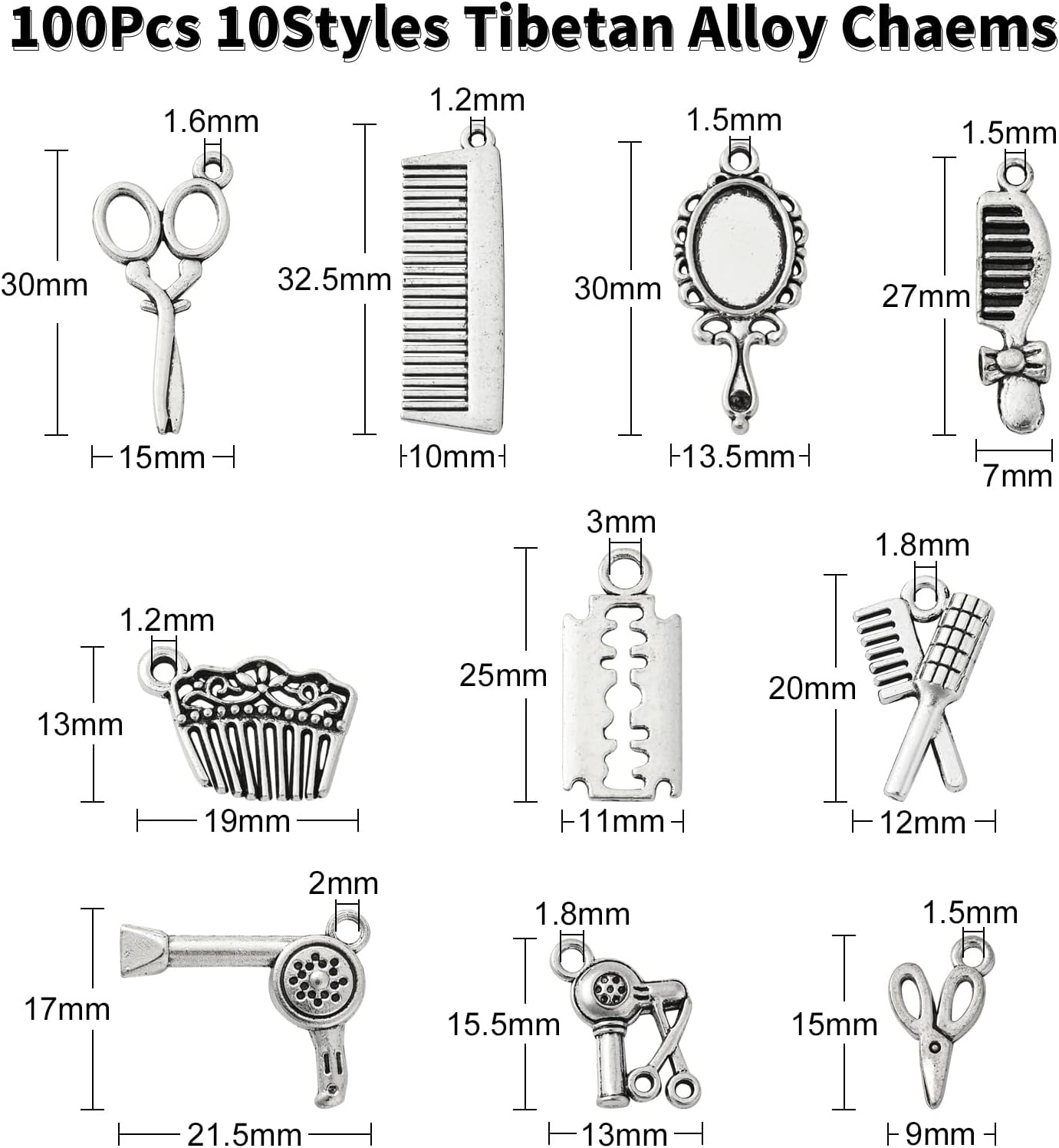 KitBeads 100pcs Tibetan Barber Charms Mixed Styles Comb Scissors Charms Vintage Hair Dryer Hair Dresser Charms for Jewelry Making Bracelets Bulk (YH-TIBEP-CJ0002-57) - Image 2
