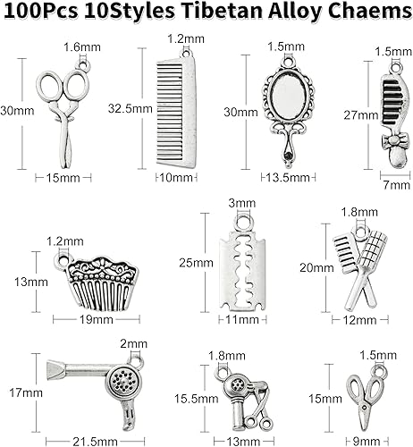 Miniatura 2 de KitBeads 100 dijes de peluquero tibetano de estilos mixtos para peine y tijeras, dijes vintage para secador de pelo, para hacer joyas, pulseras a