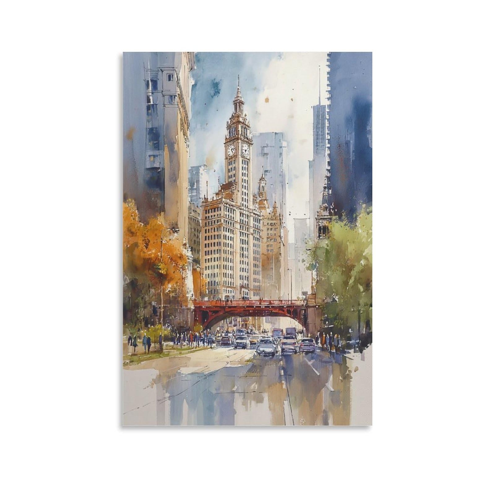 XWYMXZ Chicago Watercolor Print Vintage Illinois Travel Posters 24x36inch(60x90cm) Vintage Watercolor Canvas Art