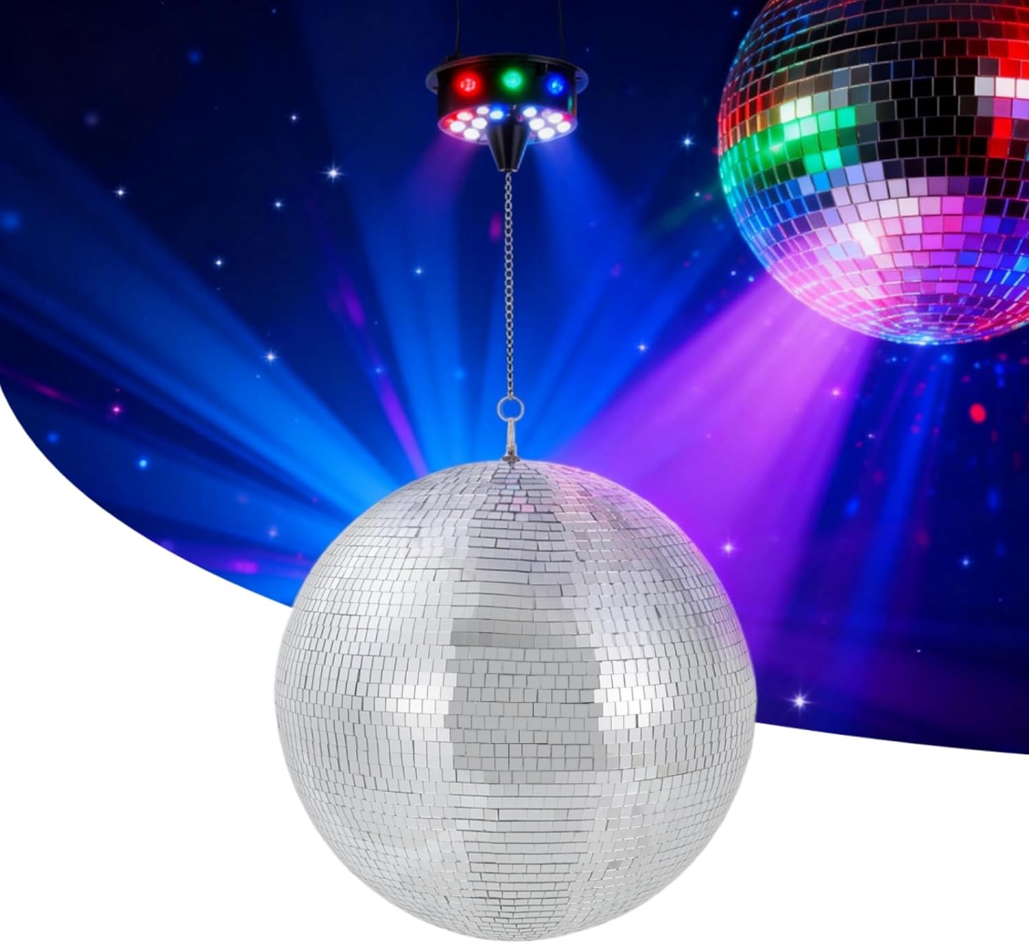 16" Disco Ball with Motor and Light, Large Mirror Ball Voice Control Mode 4 Light Colors and 18 LED Beads Hanging Party Decor for Party DJ Club Bar