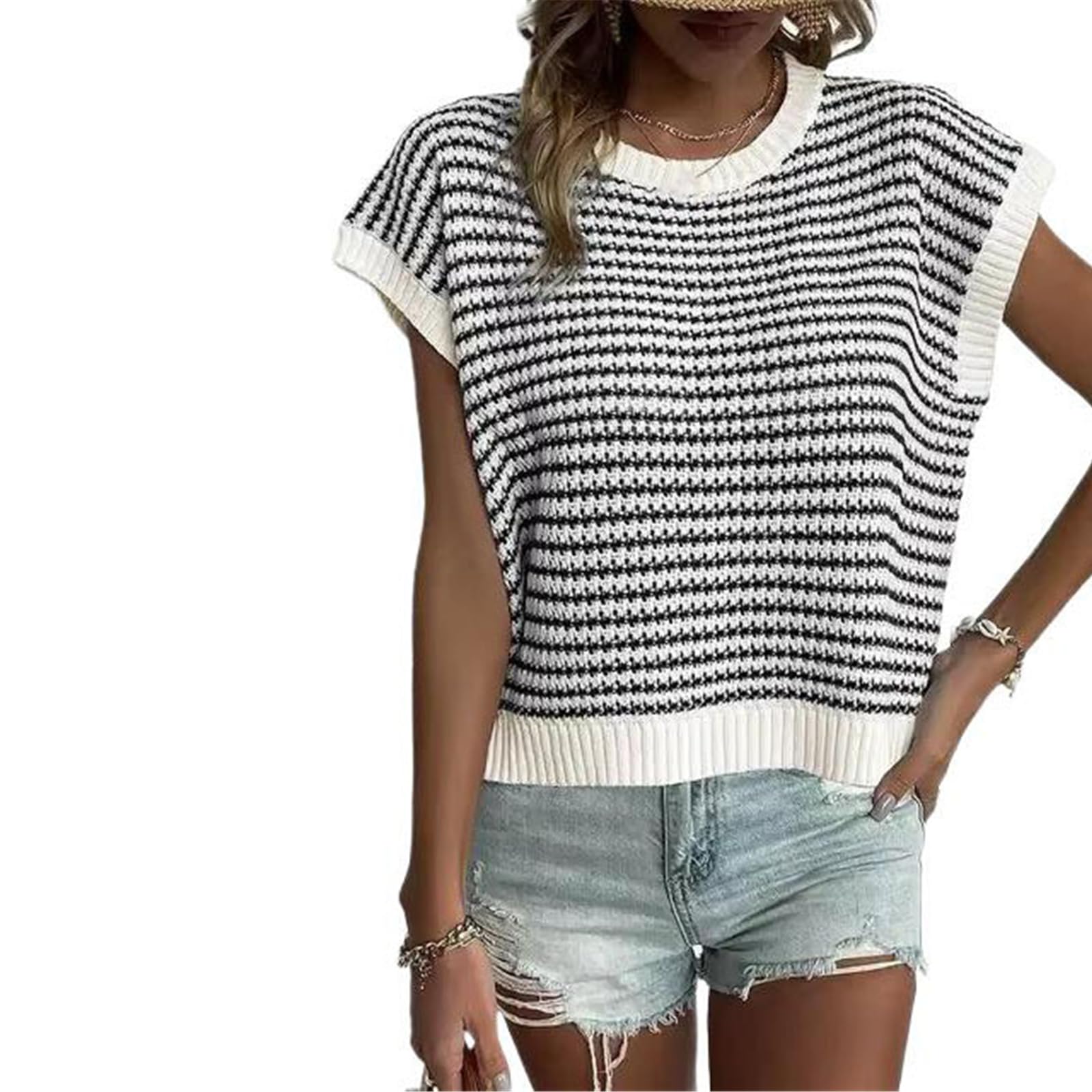 Maglia Senza Maniche a Righe Donna, Top Morbido e Traspirante Collo Rotondo per Spiaggia Estate