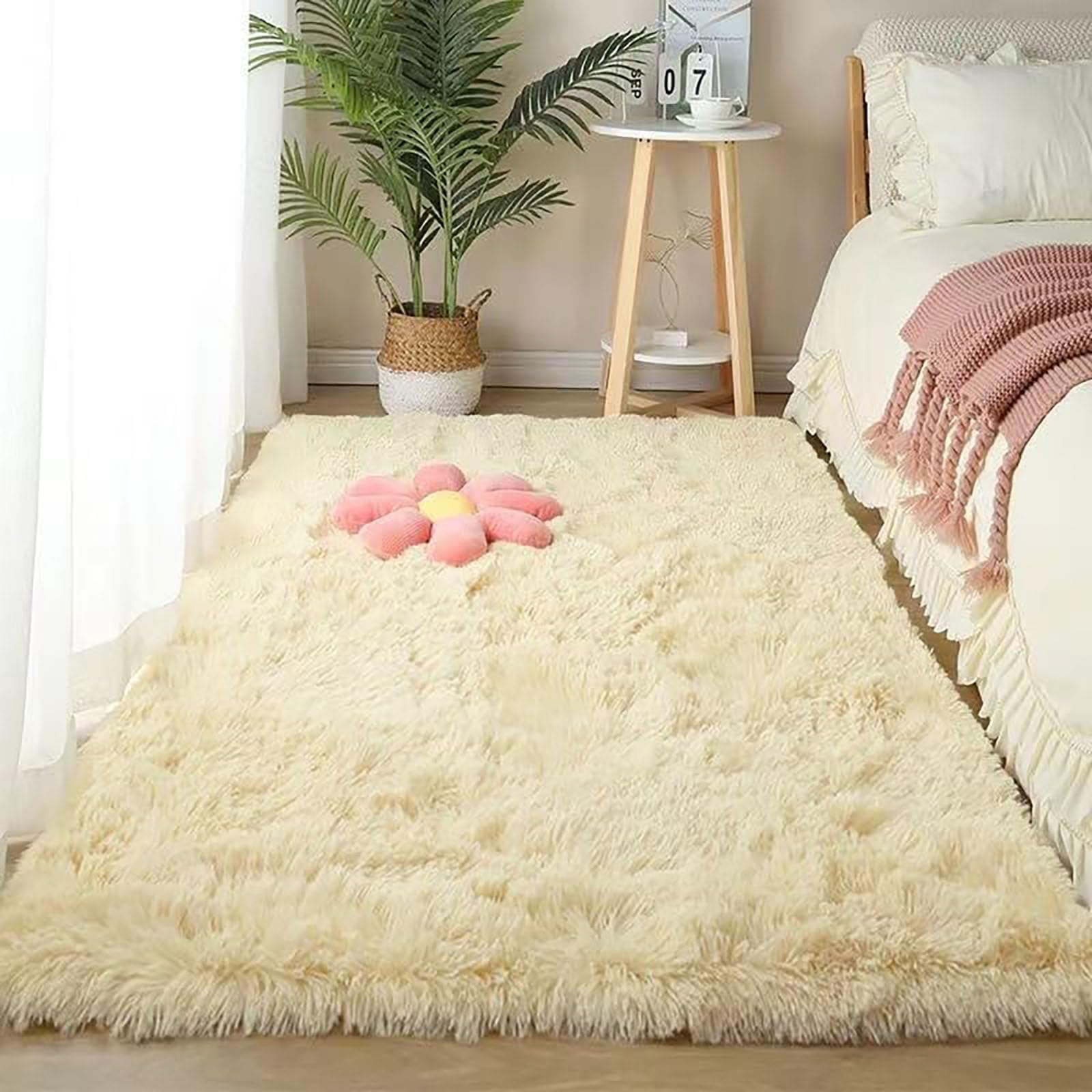 Fluffy Deep-Pile Rug Anti-Slip Bottom - Soft Plush Carpet Mat Bedroom Fluffy Modern Living Room Rug for Room High-Pile Carpet,Beige,200x400cm