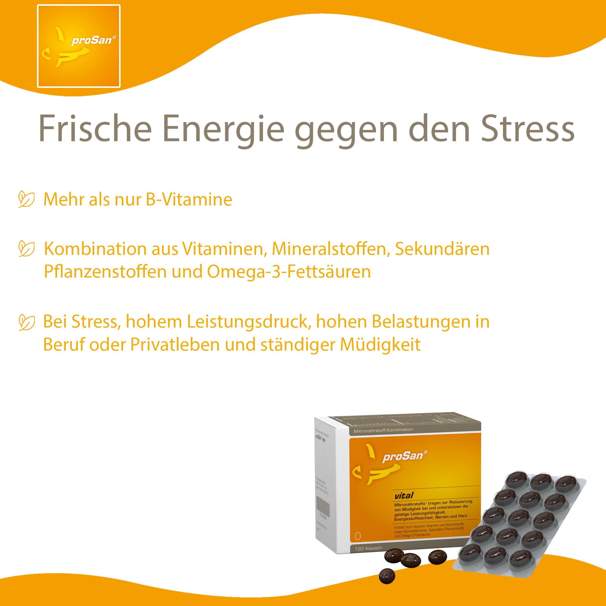 proSan vital (Monatspackung: 120 Kapseln) -Testsieger gegen Müdigkeit 2026 | Vitamine gegen Müdigkeit, für mehr Energie & Leistungsfähigkeit, bei Stress, + Mineralstoffe, Bioflavonoide & Omega-3