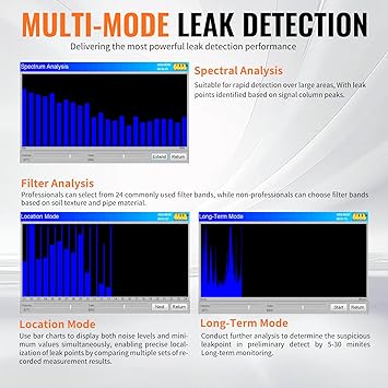 CL200 Water Leak Detectors for Home and Outside Wall Water Pipe Detector Acoustic Pipeline Leakage Detection Kit Professional Sensor Noise Reduce Headphone LCD Touchscreen Carry Case 2 Meters