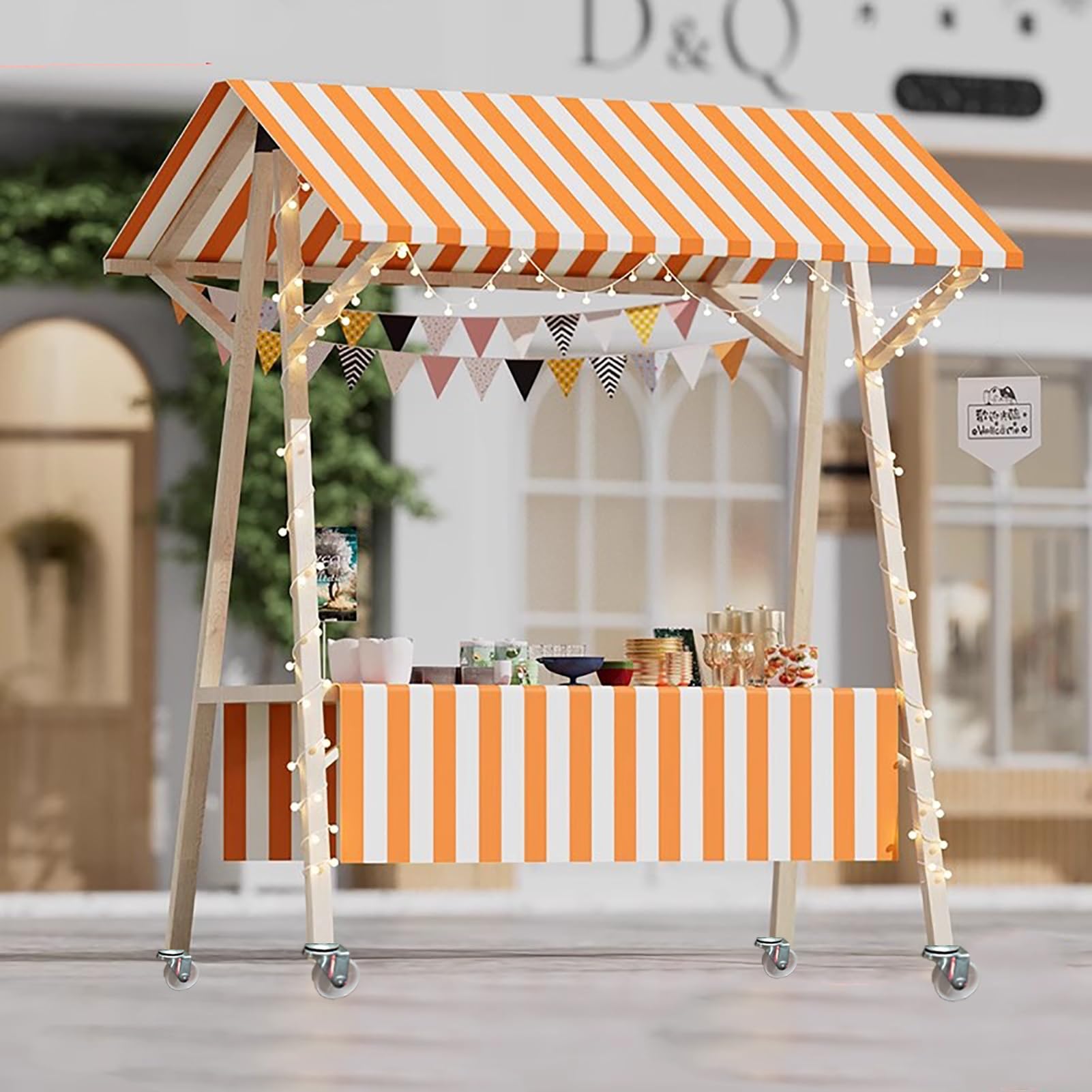 Marktstand Verkaufsstand Mobiler Verkaufswagen für Essens- und Eisveranstaltungen, Überdachte Verkaufsstände, Obst- und Blumenständer, Hotdog-Kiosk aus Holz, Faltbar(Orange/2,Width/150cm(59"))