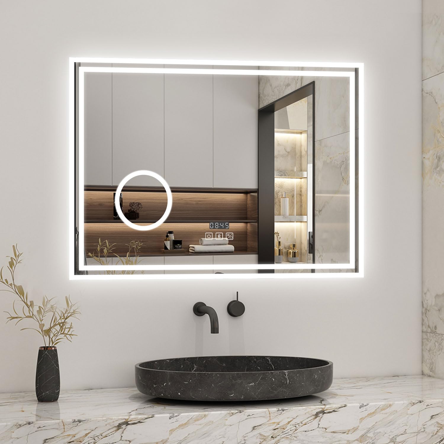 Biubiubath Espejo de baño de 800 x 600 mm con luces LED y altavoces Bluetooth, reloj, 3 aumentos de brillo regulables, 3 colores de luz, memoria horizontal