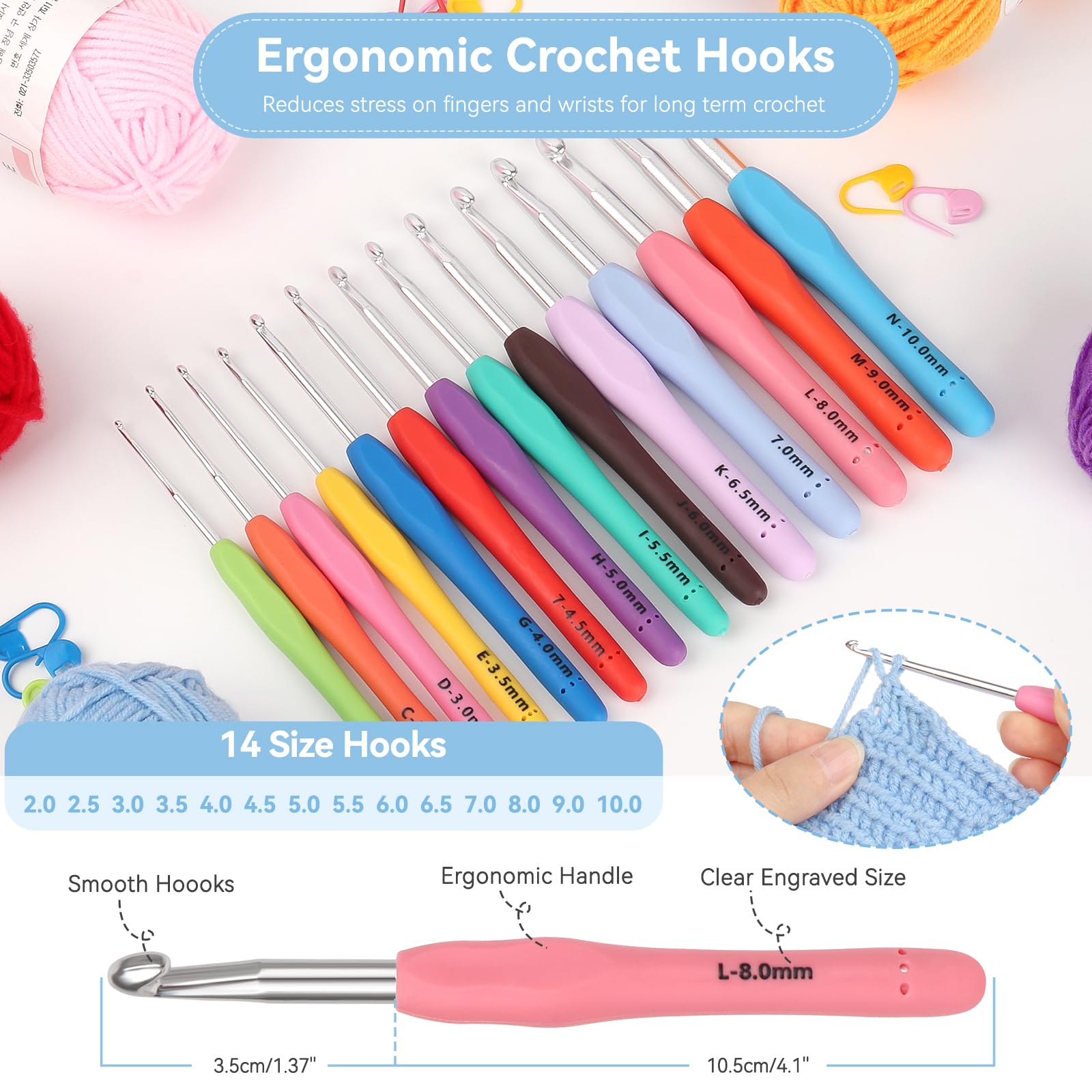 Reessy Crochet Kits for Beginners Adults Complete Crochet Kit with 15Pcs × 25g Yarn14 Size Ergonomic Metal Crochet Hooks 2.0-10.0mm Storage Bag - Image 3