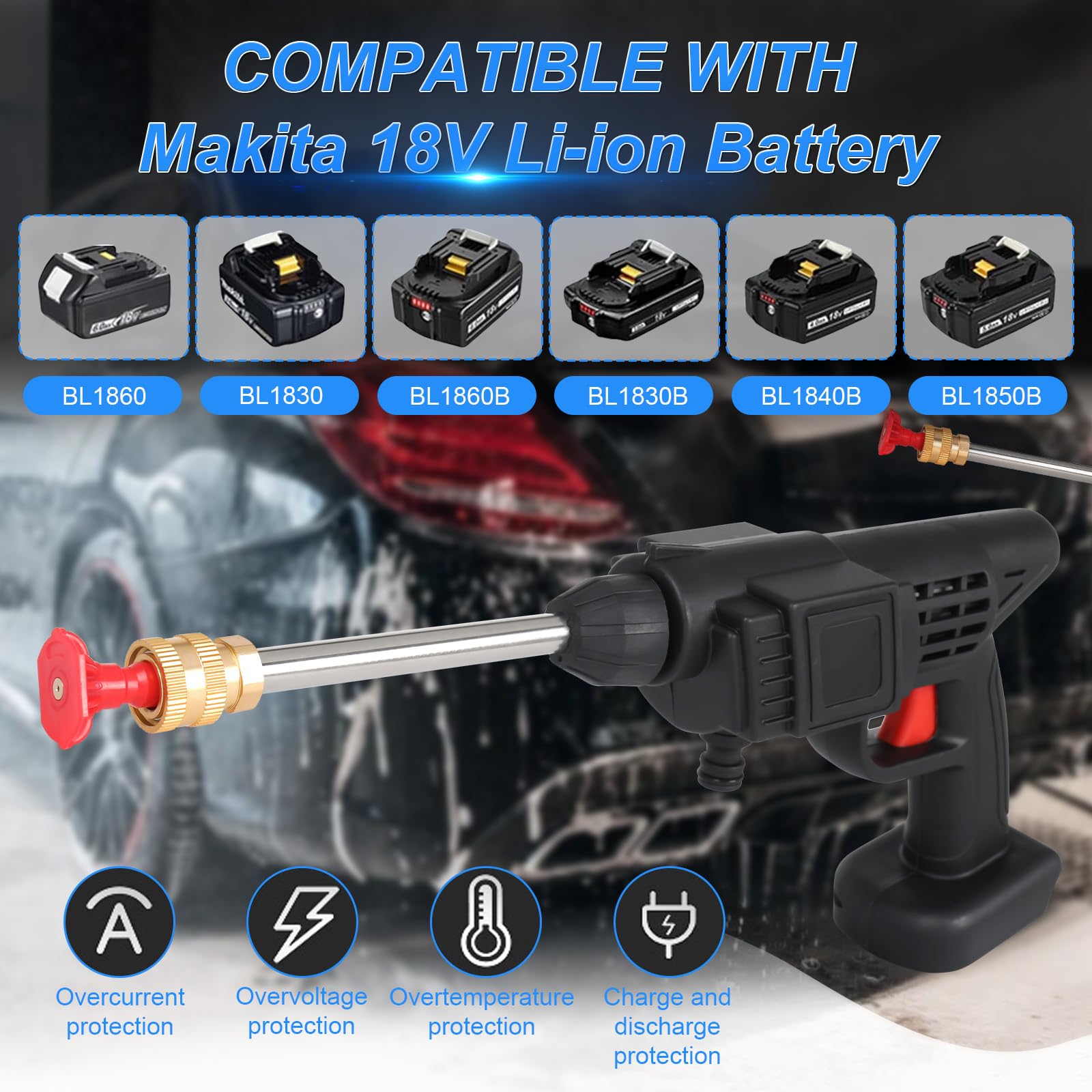 Accu-hogedrukreiniger, borstelloze draagbare jetwash compatibel met Makita 18V batterij, 2 modi batterij Power Washer met 5 m slang, 6-in-1 mondstuk, filter, schuimfles voor auto tuin patio reiniging