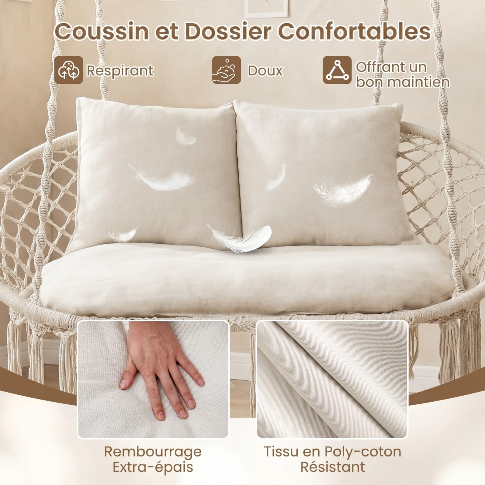 COSTWAY Fauteuil Suspendu 2 Personnes avec 3 Coussins, Charge 250 kg