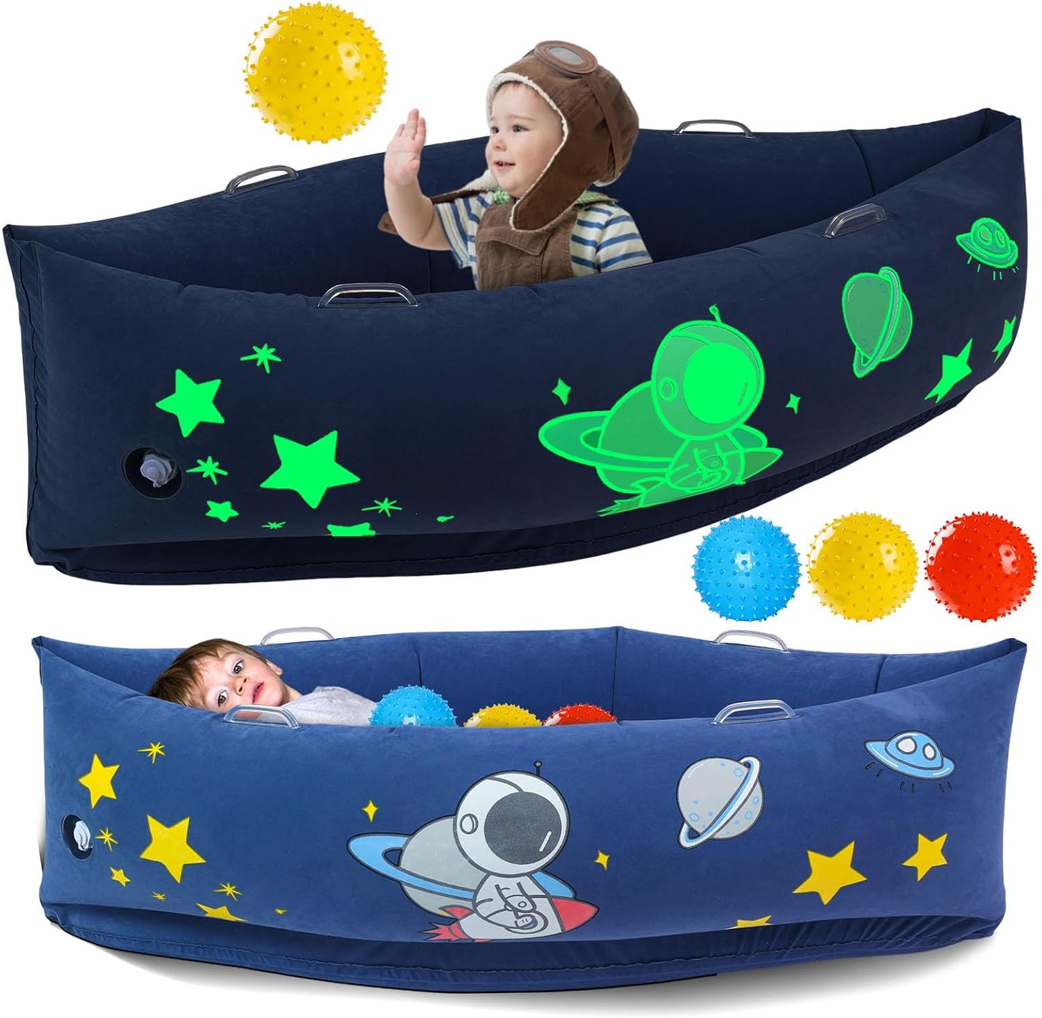 Sensory Peapod Chair for Kids, 60-Inch Sensory Canoe for Children with Autism, ADHD Children's Sensory Chair, Includes Electric Inflatable Pump, 3 Sensory Spike Balls