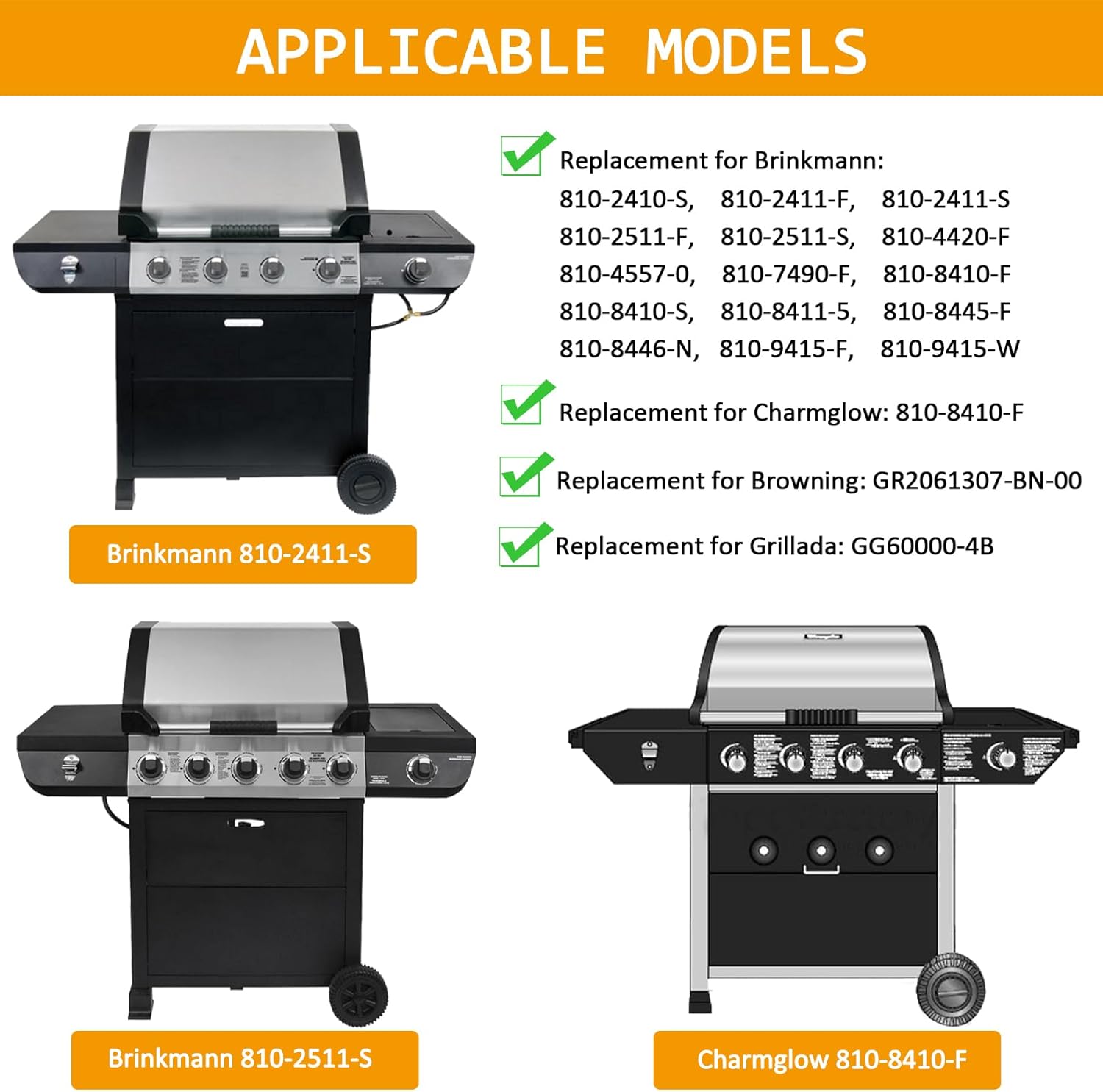 GasSaf Grill Grates Replacement for Brinkmann 810-2410-S,810-2511-F,810-9415-W,810-7490-F, Charmglow 810-8410-F, Browning, Grillada & Others, Set of 3 Cast Iron Cooking Grate(17 3/4" x 8 15/16" each)
