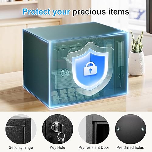 Miniatura 4 de Caja fuerte pequeña de 0.23 Cub para el hogar, caja de seguridad de acero con llaves de repuesto y diseño de anclaje, caja de seguridad oculta para